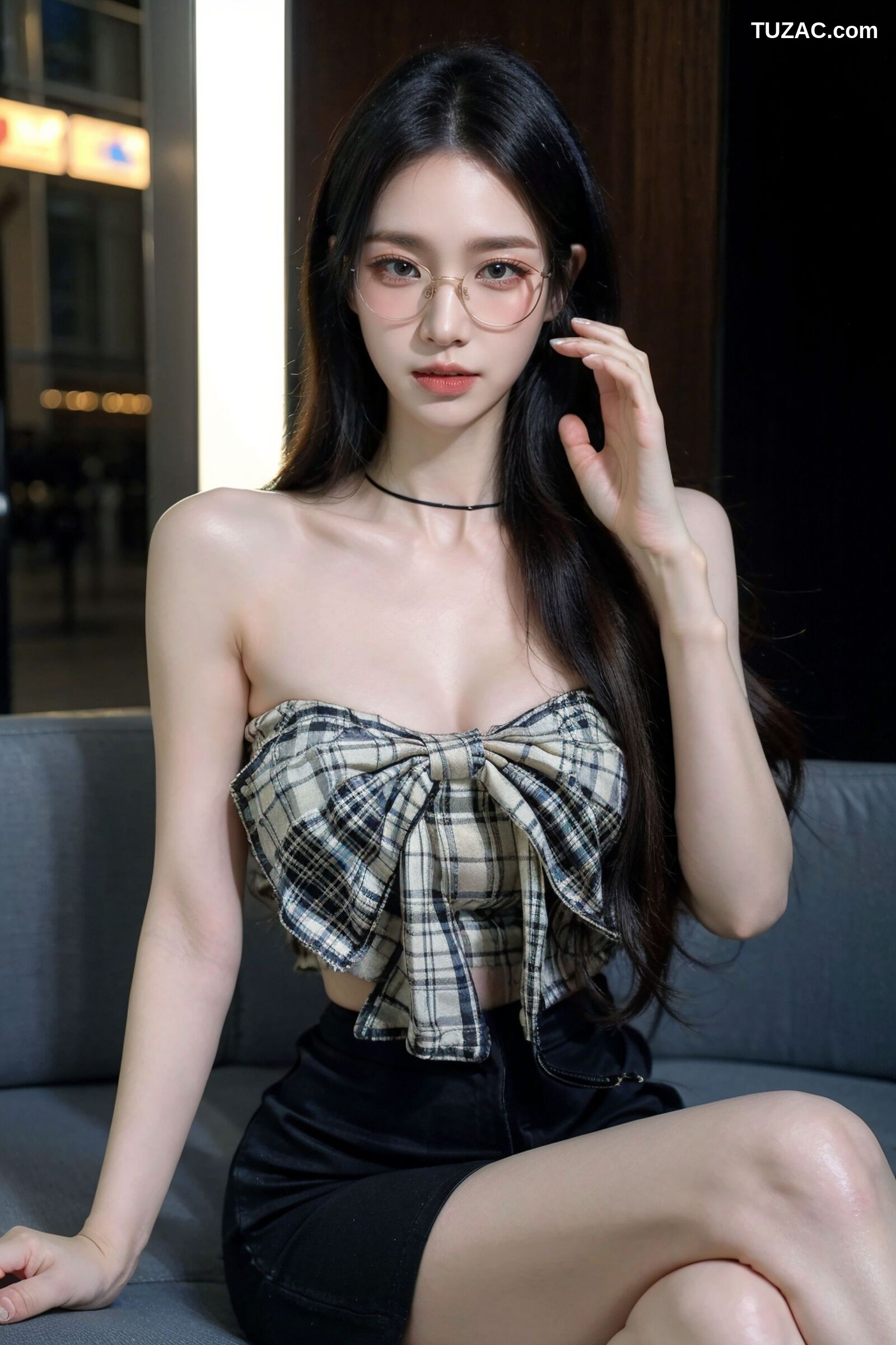 AI美女-超写实-格子蝴蝶结抹胸黑短裙美女街拍