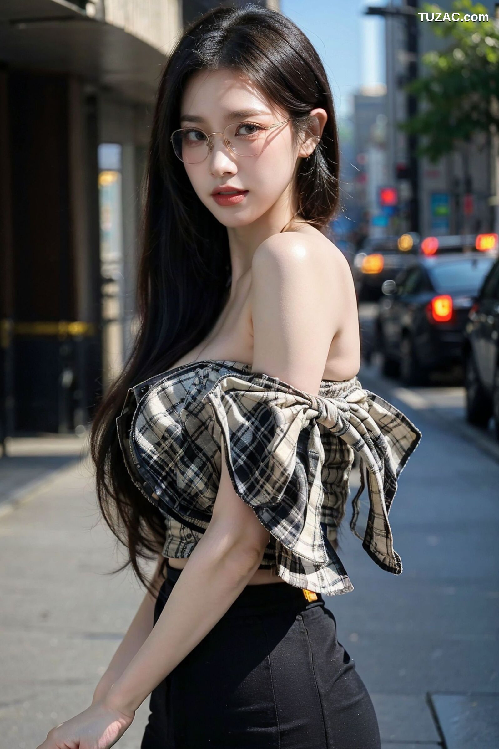 AI美女-超写实-格子蝴蝶结抹胸黑短裙美女街拍