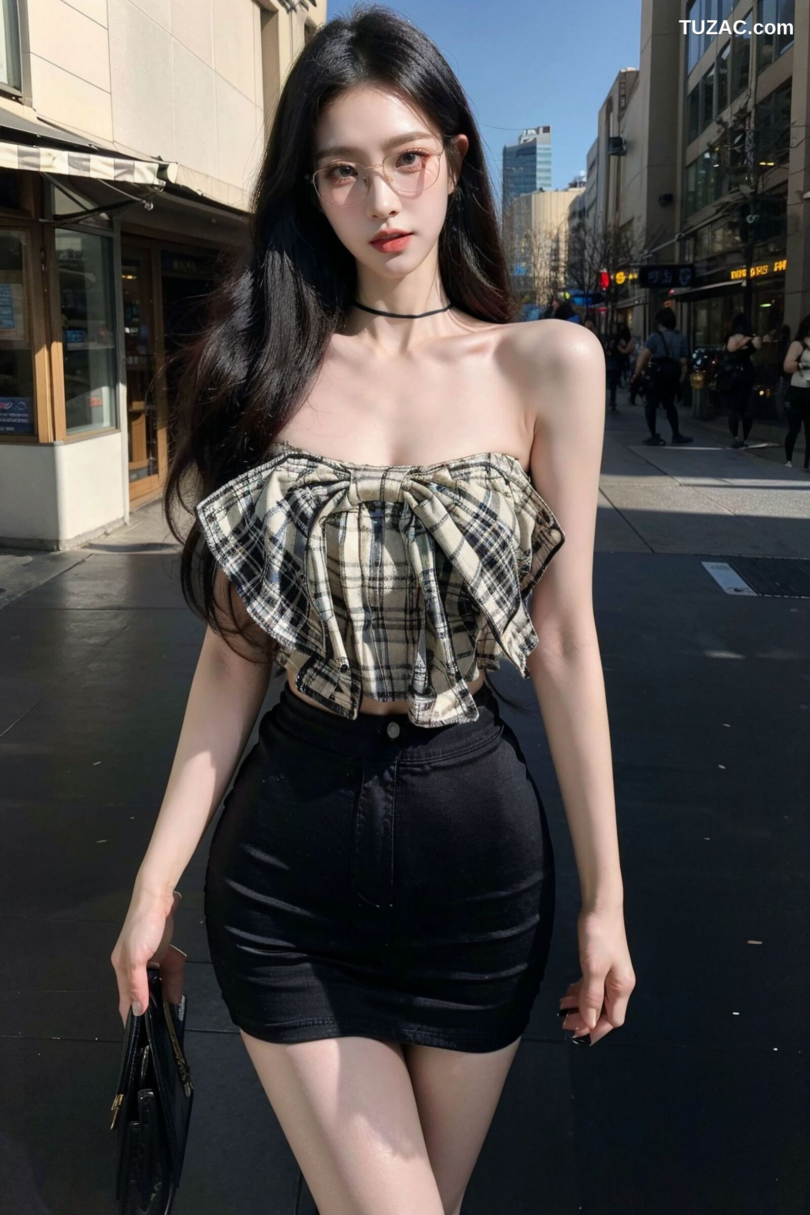 AI美女-超写实-格子蝴蝶结抹胸黑短裙美女街拍