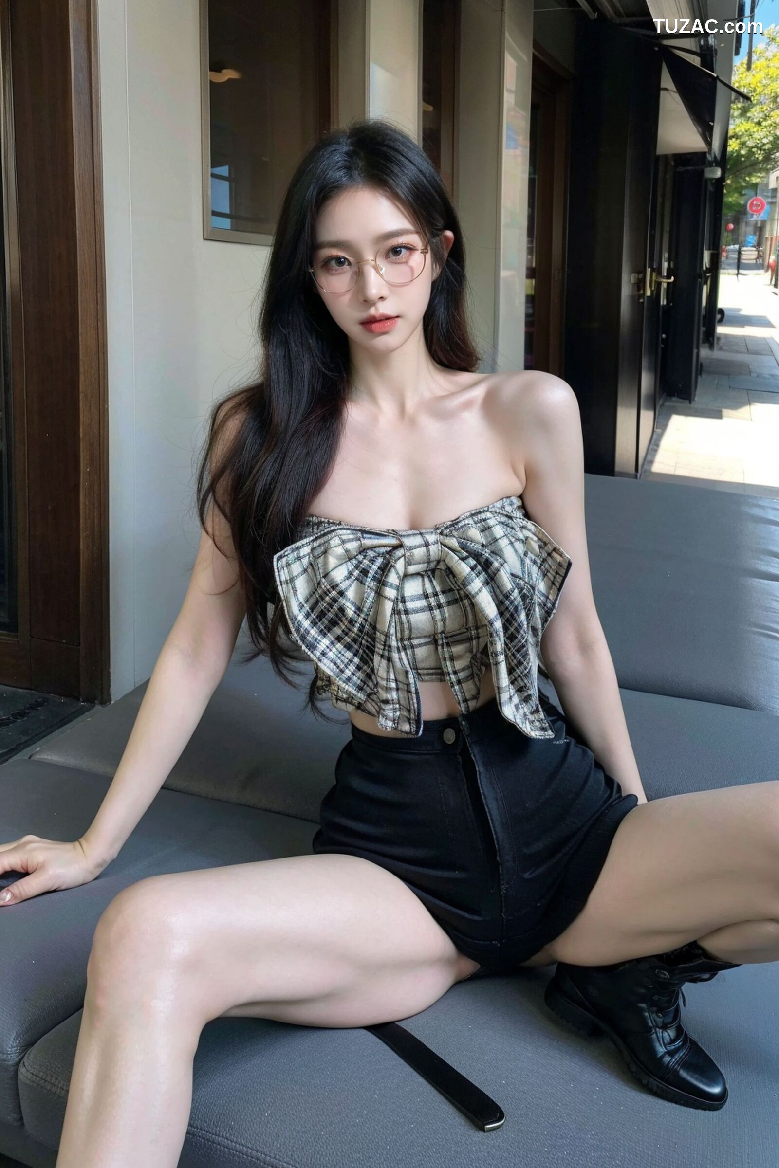 AI美女-超写实-格子蝴蝶结抹胸黑短裙美女街拍