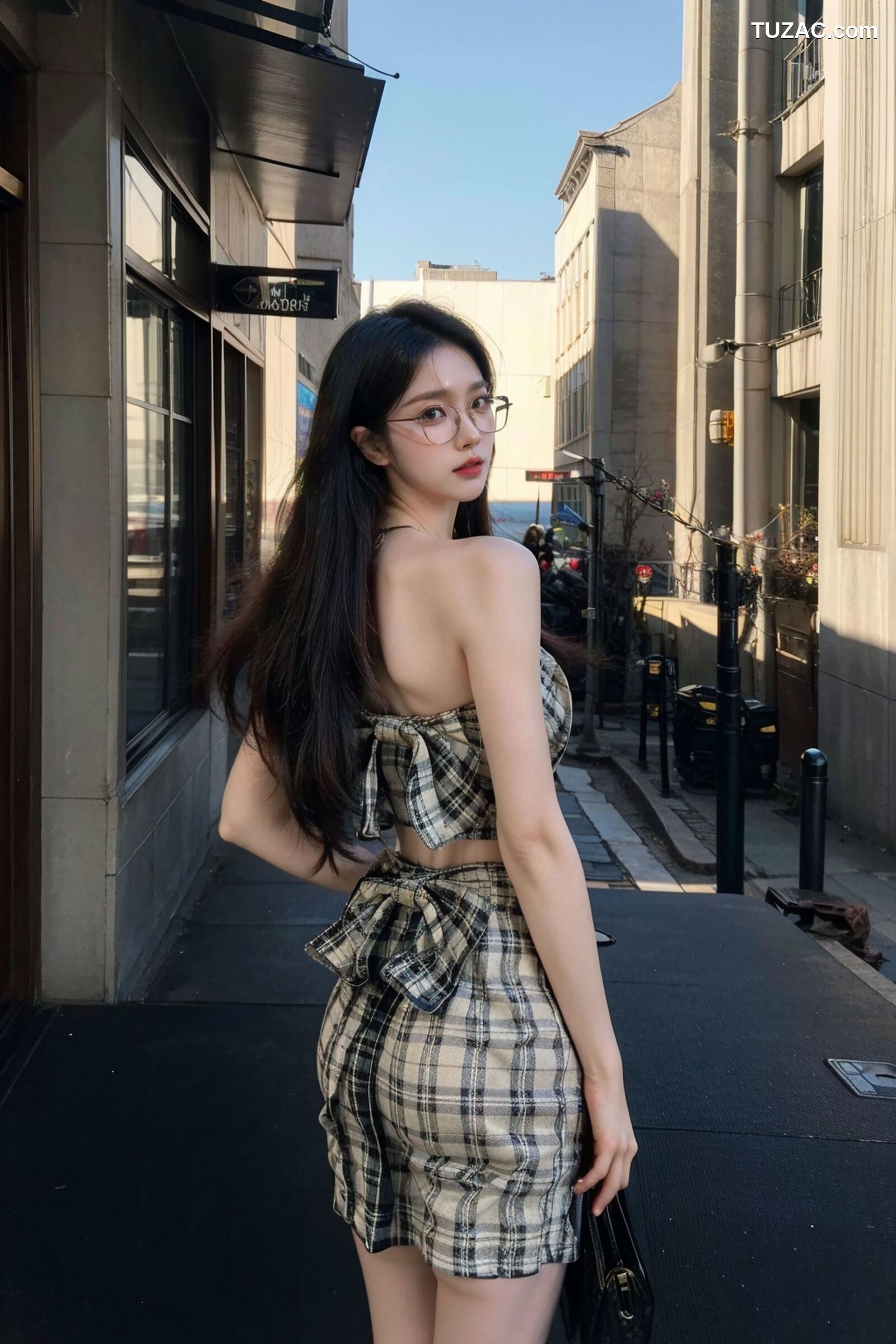 AI美女-超写实-格子蝴蝶结抹胸黑短裙美女街拍