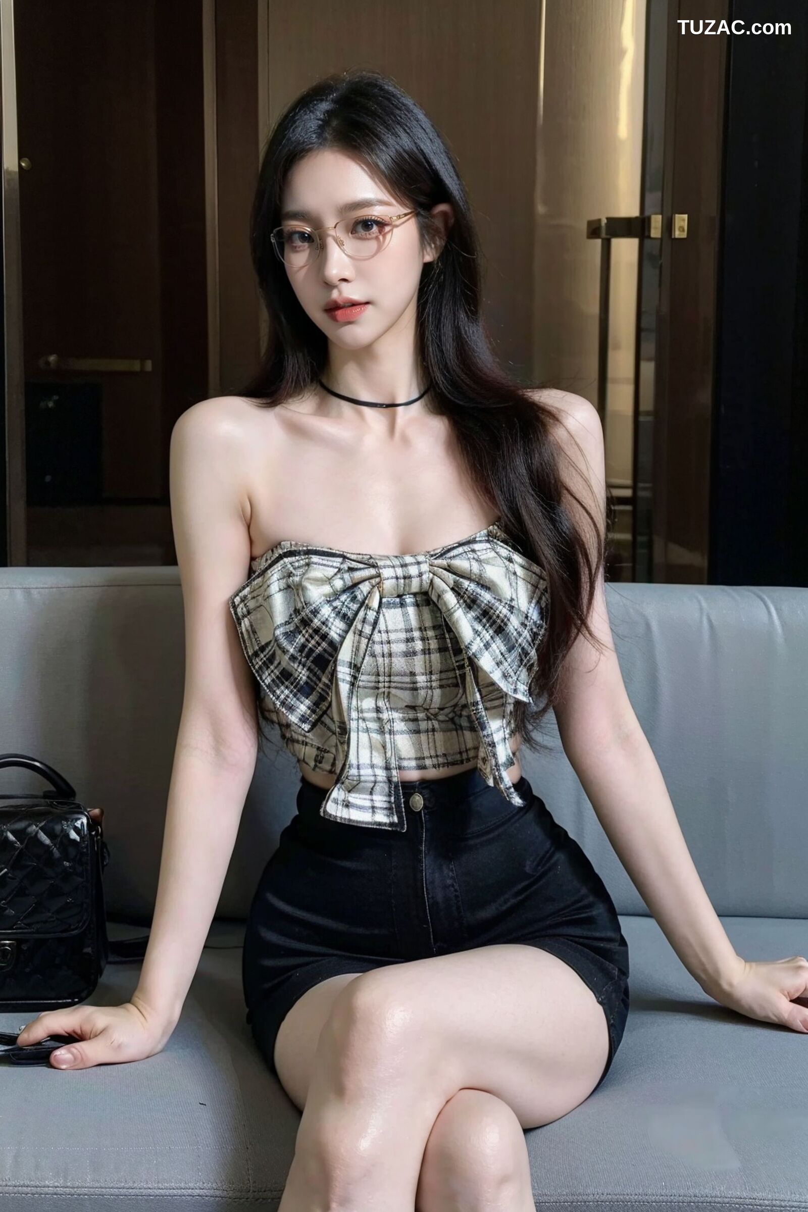 AI美女-超写实-格子蝴蝶结抹胸黑短裙美女街拍