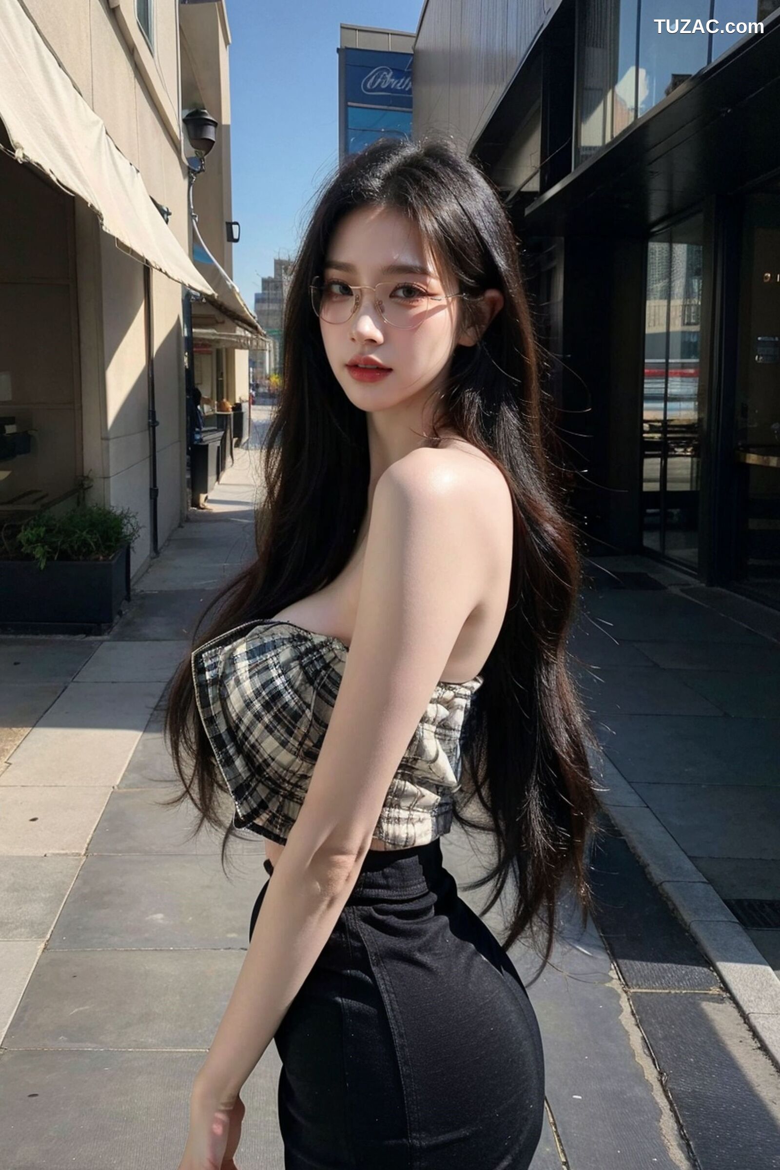 AI美女-超写实-格子蝴蝶结抹胸黑短裙美女街拍