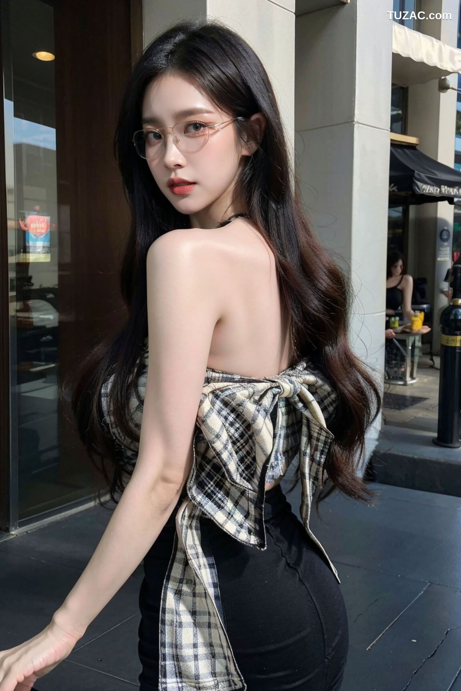 AI美女-超写实-格子蝴蝶结抹胸黑短裙美女街拍