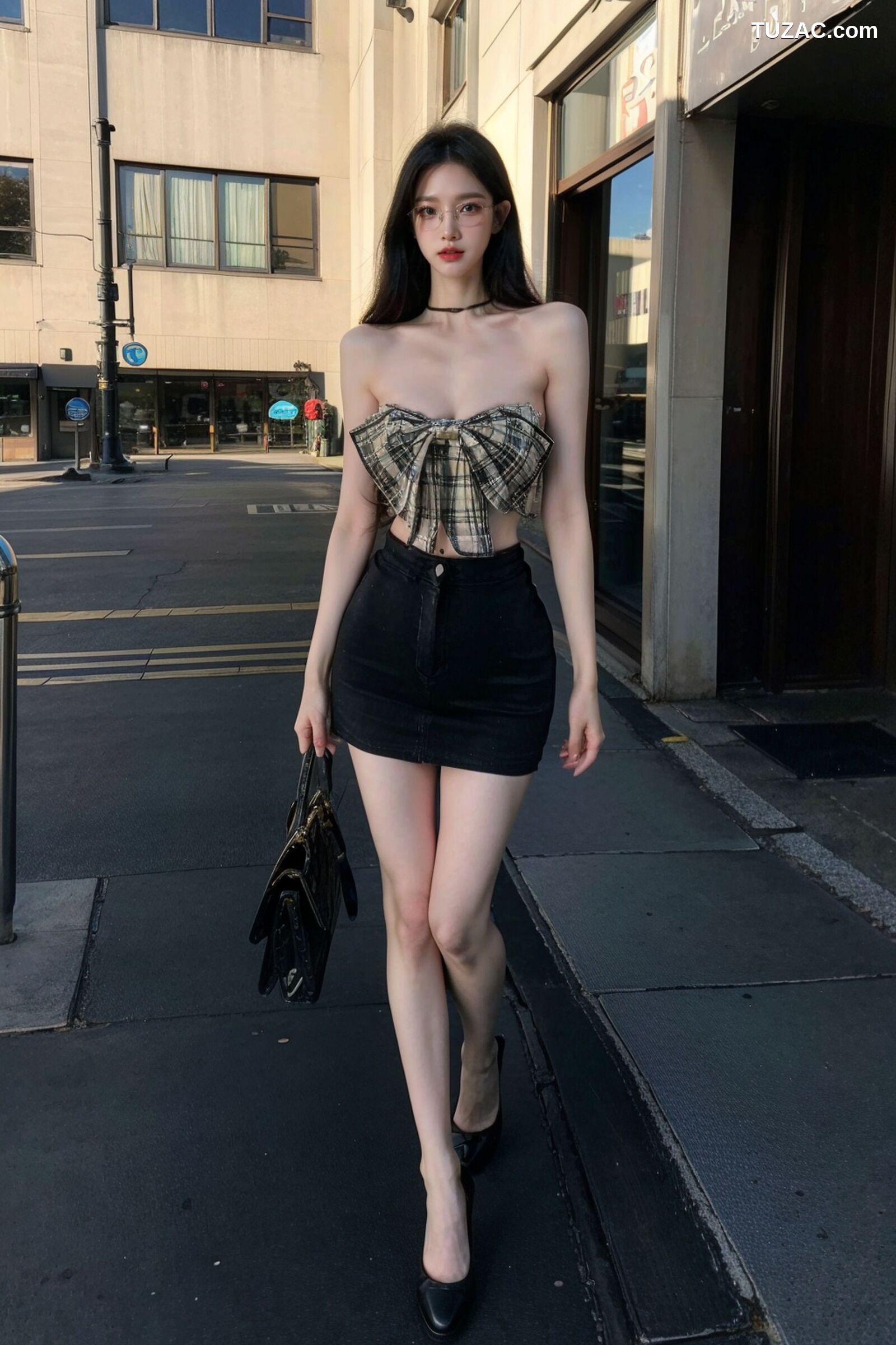 AI美女-超写实-格子蝴蝶结抹胸黑短裙美女街拍