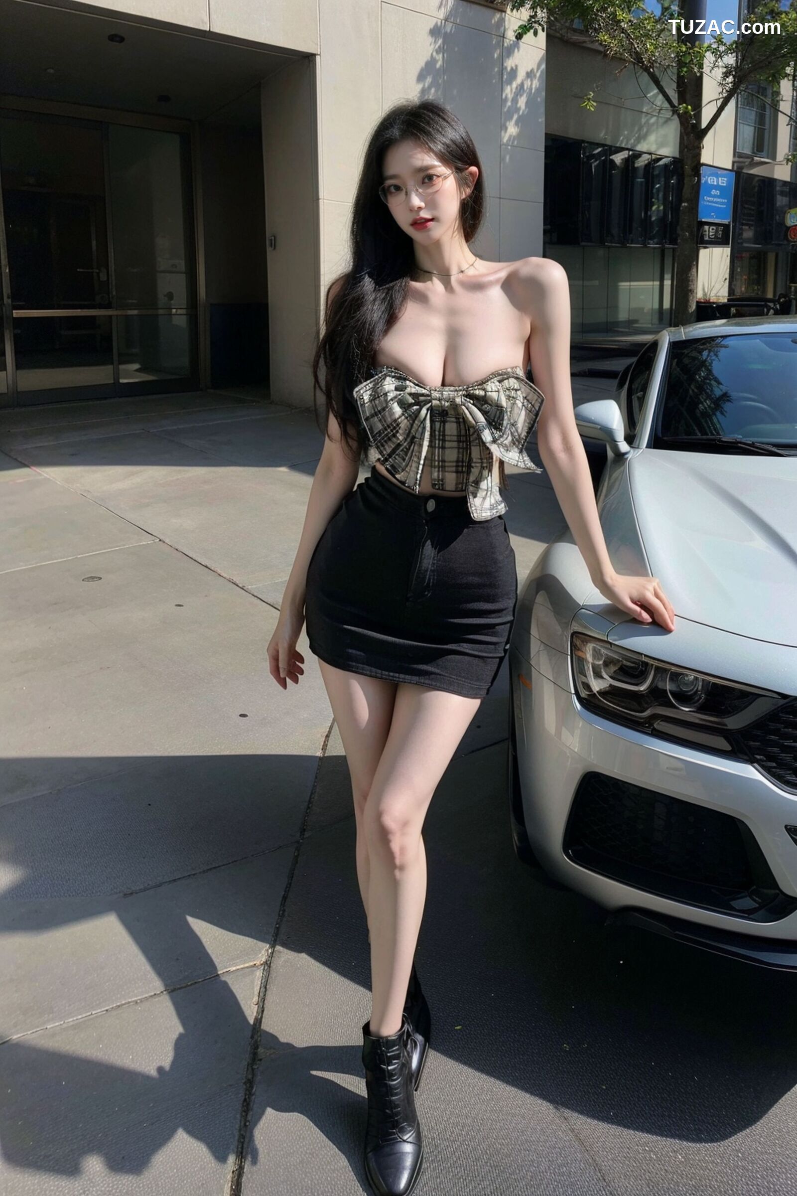 AI美女-超写实-格子蝴蝶结抹胸黑短裙美女街拍