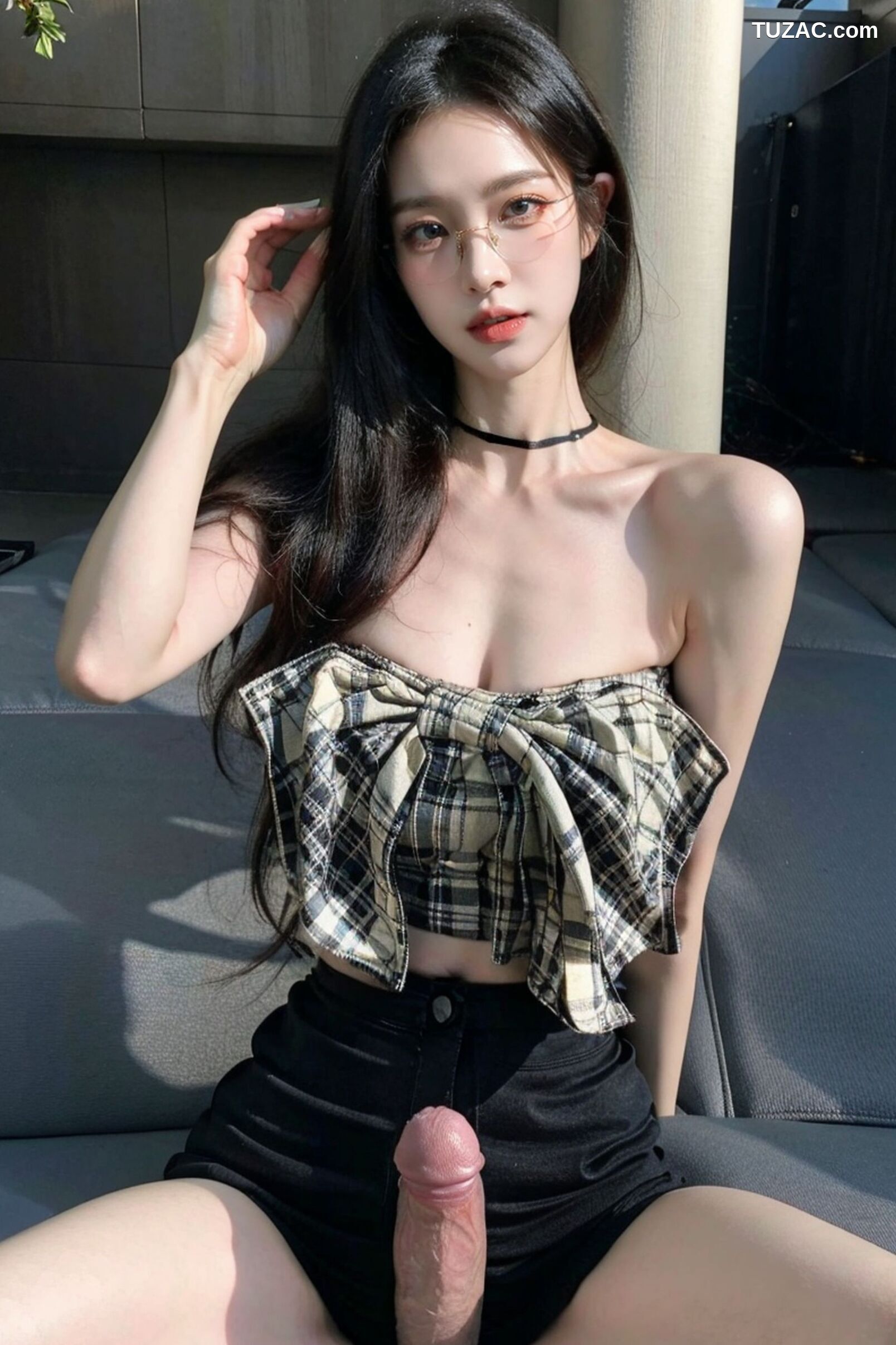 AI美女-超写实-格子蝴蝶结抹胸黑短裙美女街拍