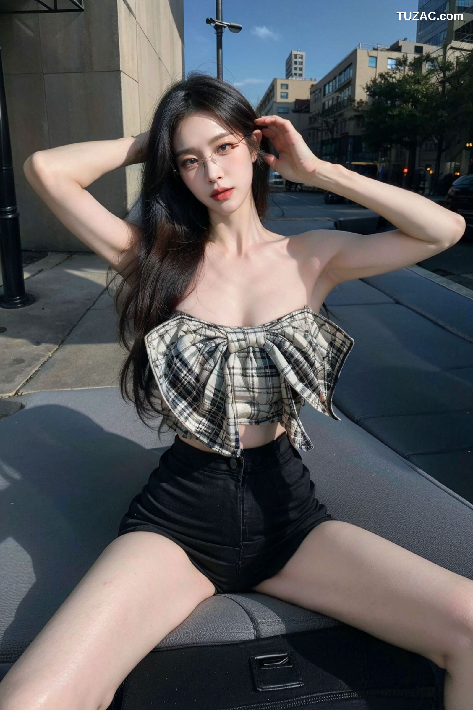 AI美女-超写实-格子蝴蝶结抹胸黑短裙美女街拍