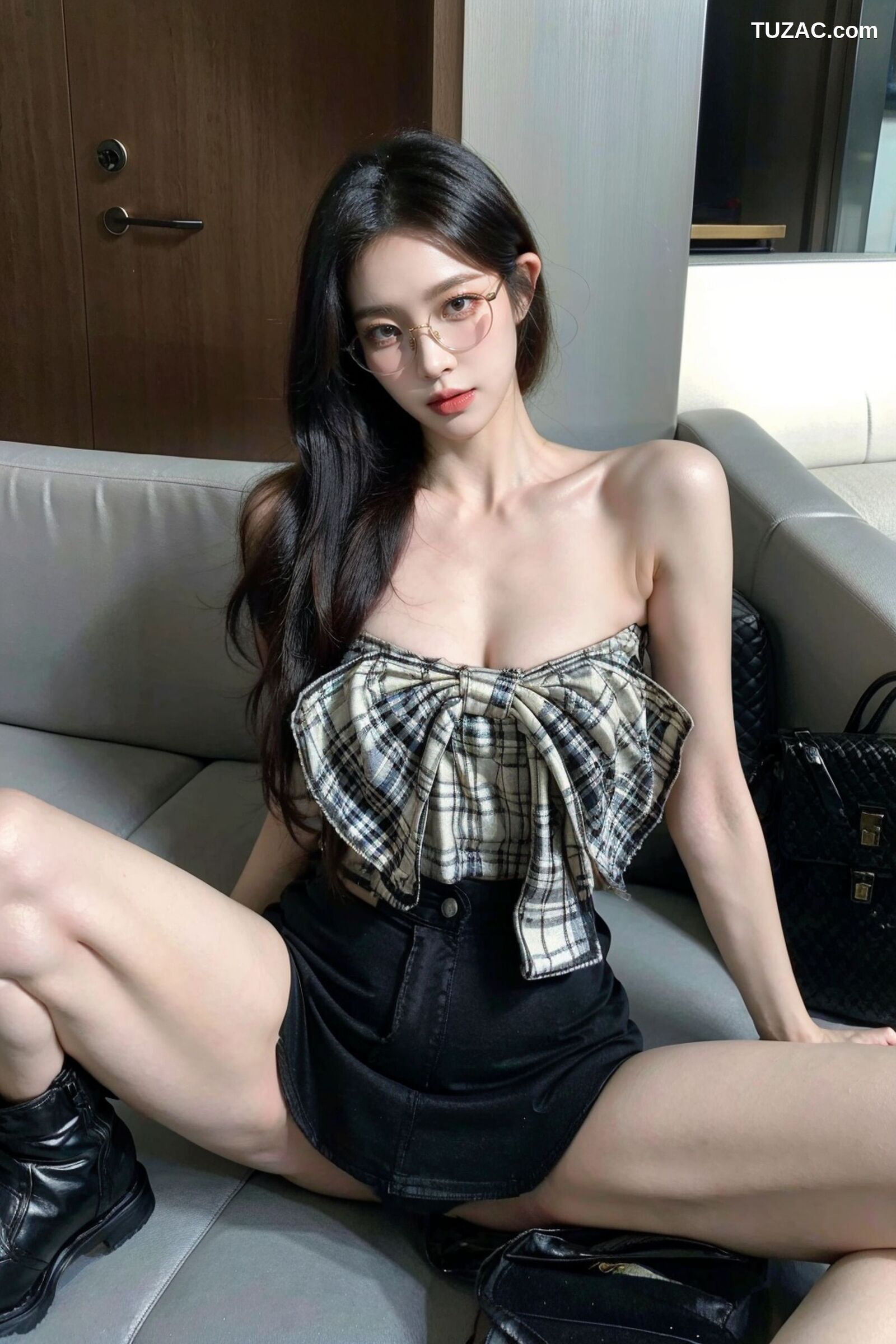 AI美女-超写实-格子蝴蝶结抹胸黑短裙美女街拍