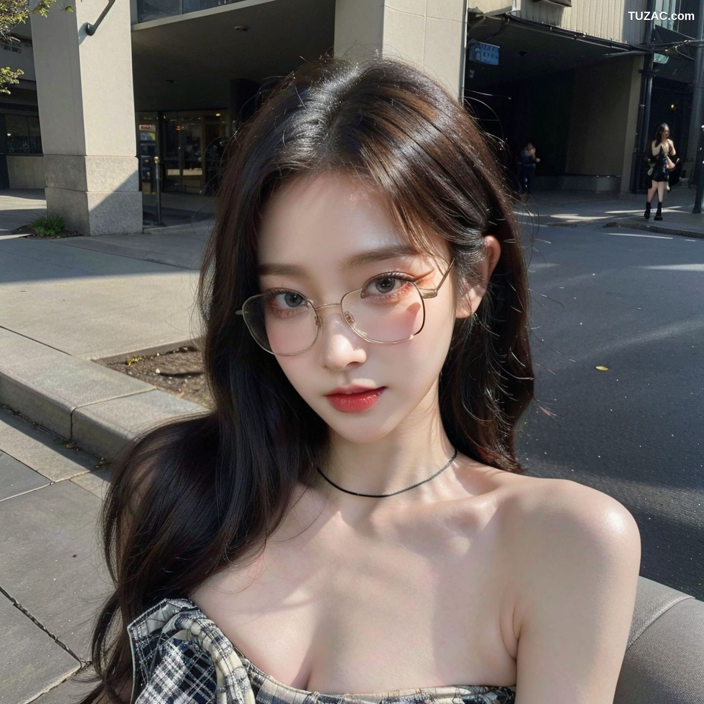 AI美女-超写实-格子蝴蝶结抹胸黑短裙美女街拍