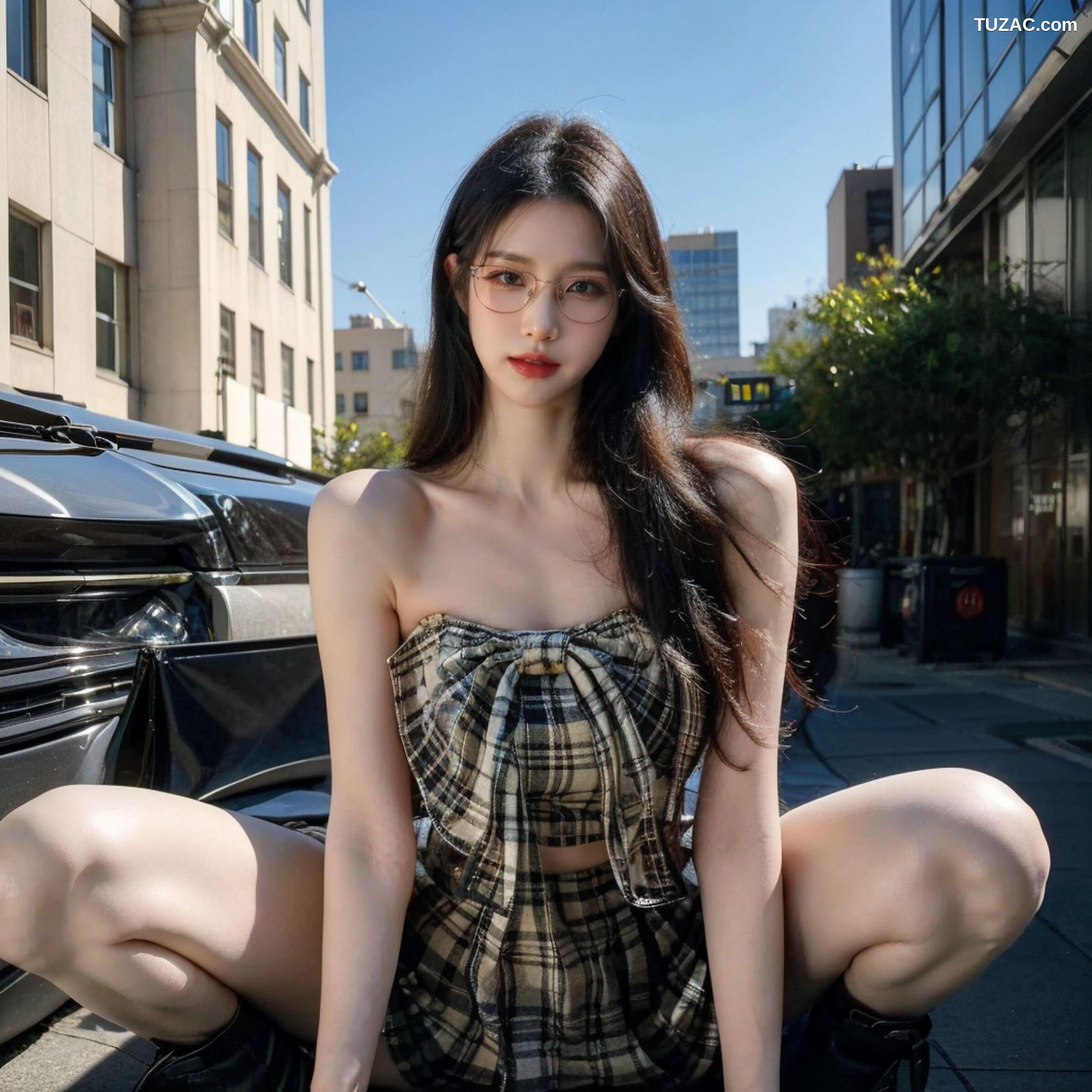 AI美女-超写实-格子蝴蝶结抹胸黑短裙美女街拍