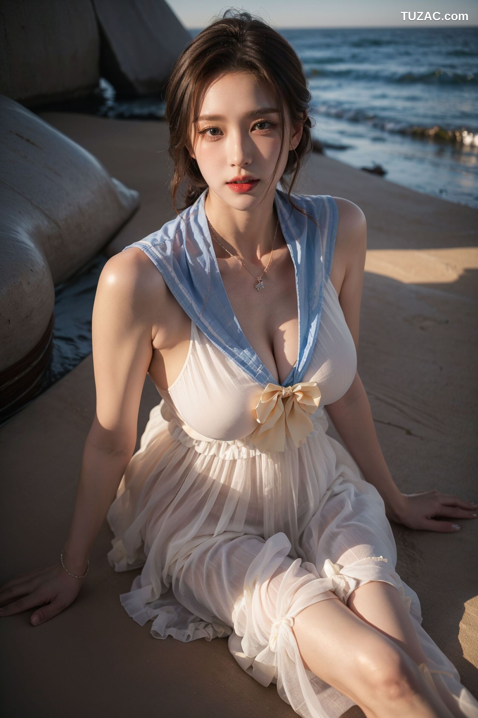 AI美女-超写实-海边城市街拍白色水手纱裙-18禁