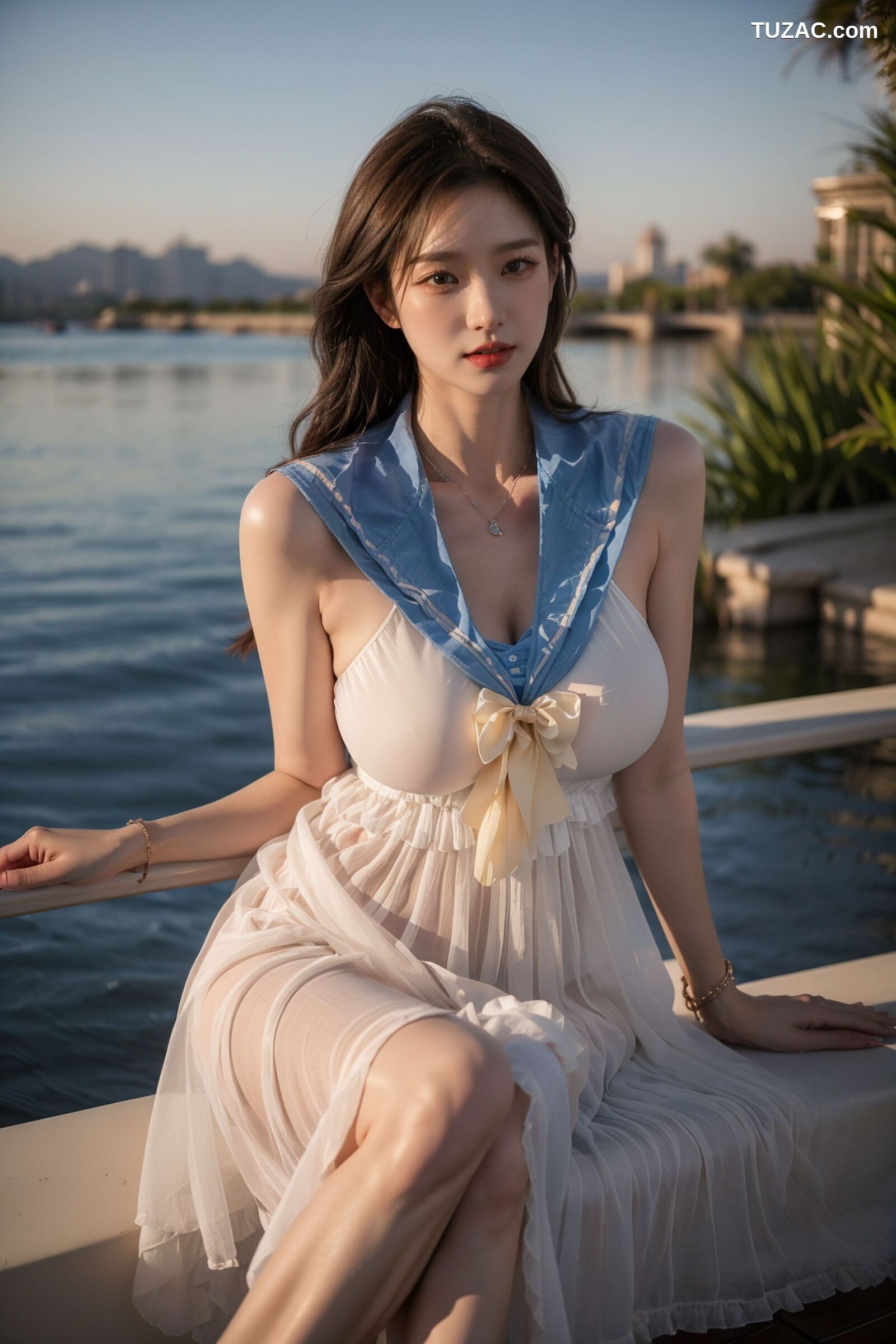 AI美女-超写实-海边城市街拍白色水手纱裙-18禁
