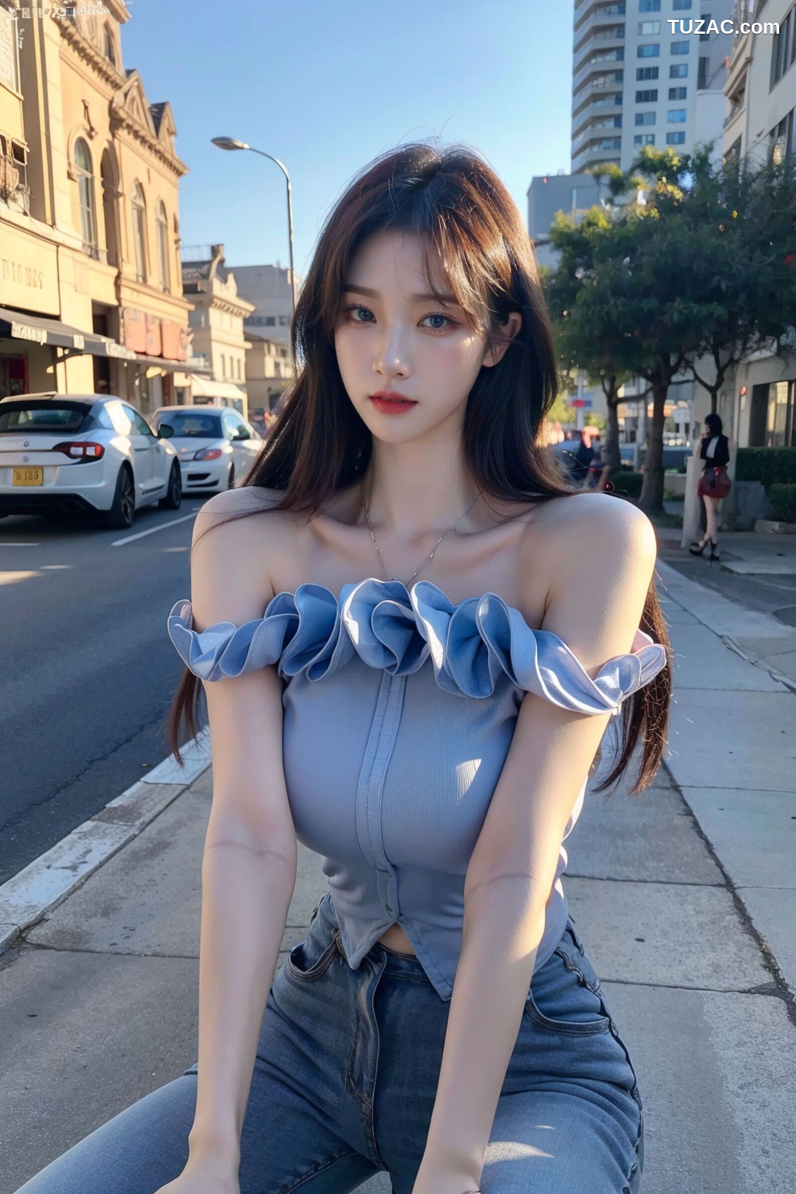 AI美女-超写实-海边城市街拍黑长发美女浅色短裙-18禁