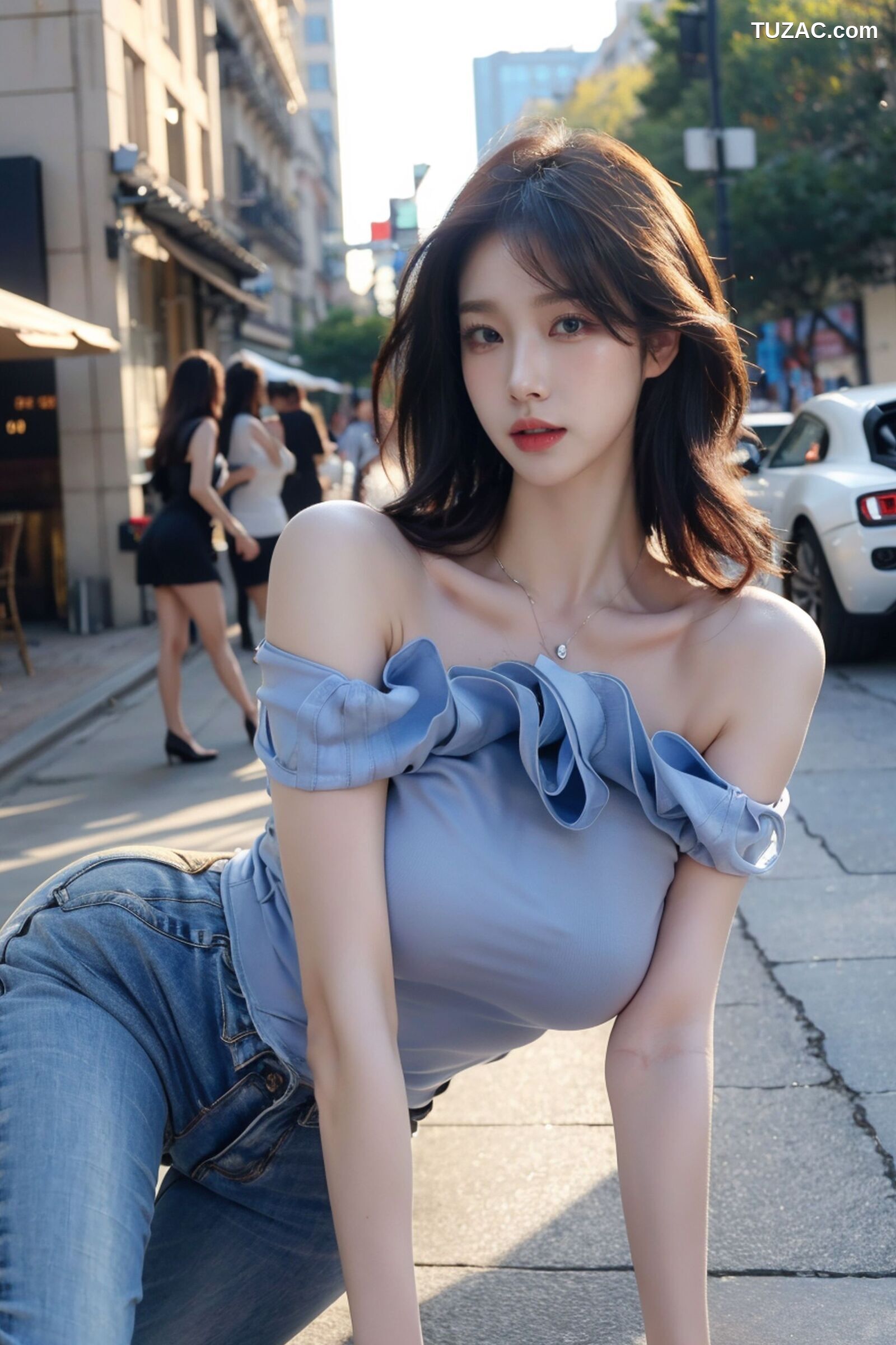 AI美女-超写实-海边城市街拍黑长发美女浅色短裙-18禁