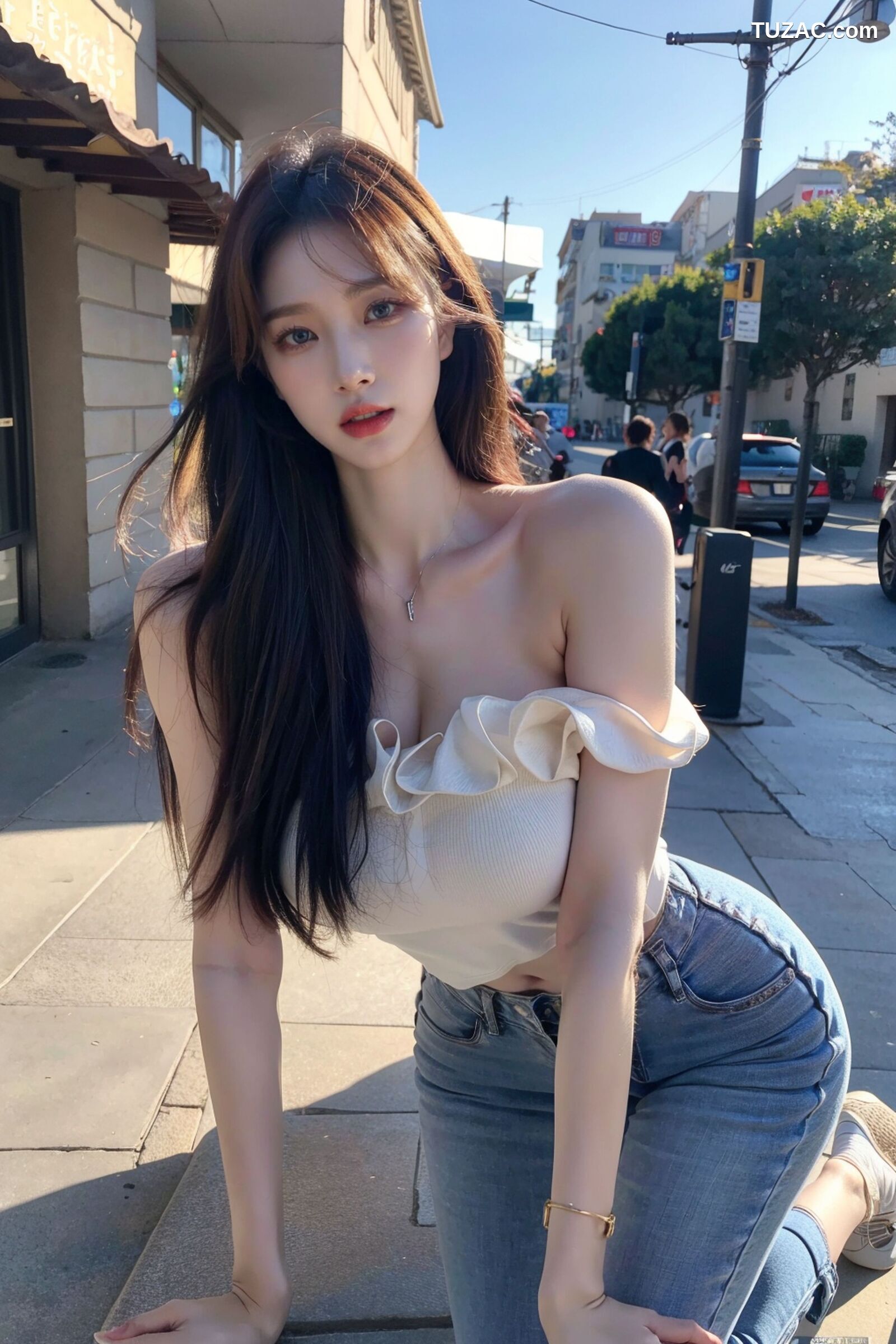 AI美女-超写实-海边城市街拍黑长发美女浅色短裙-18禁