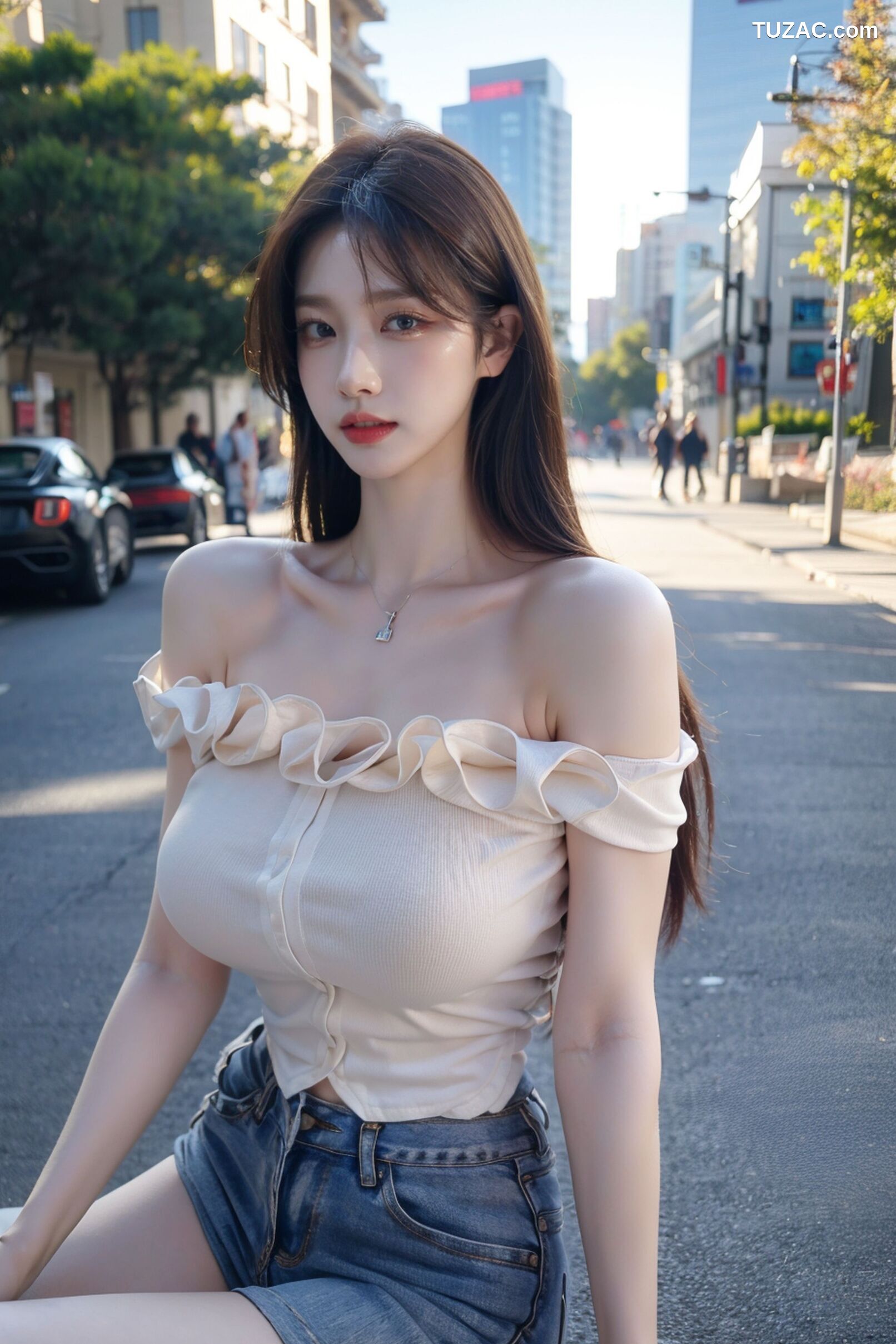 AI美女-超写实-海边城市街拍黑长发美女浅色短裙-18禁