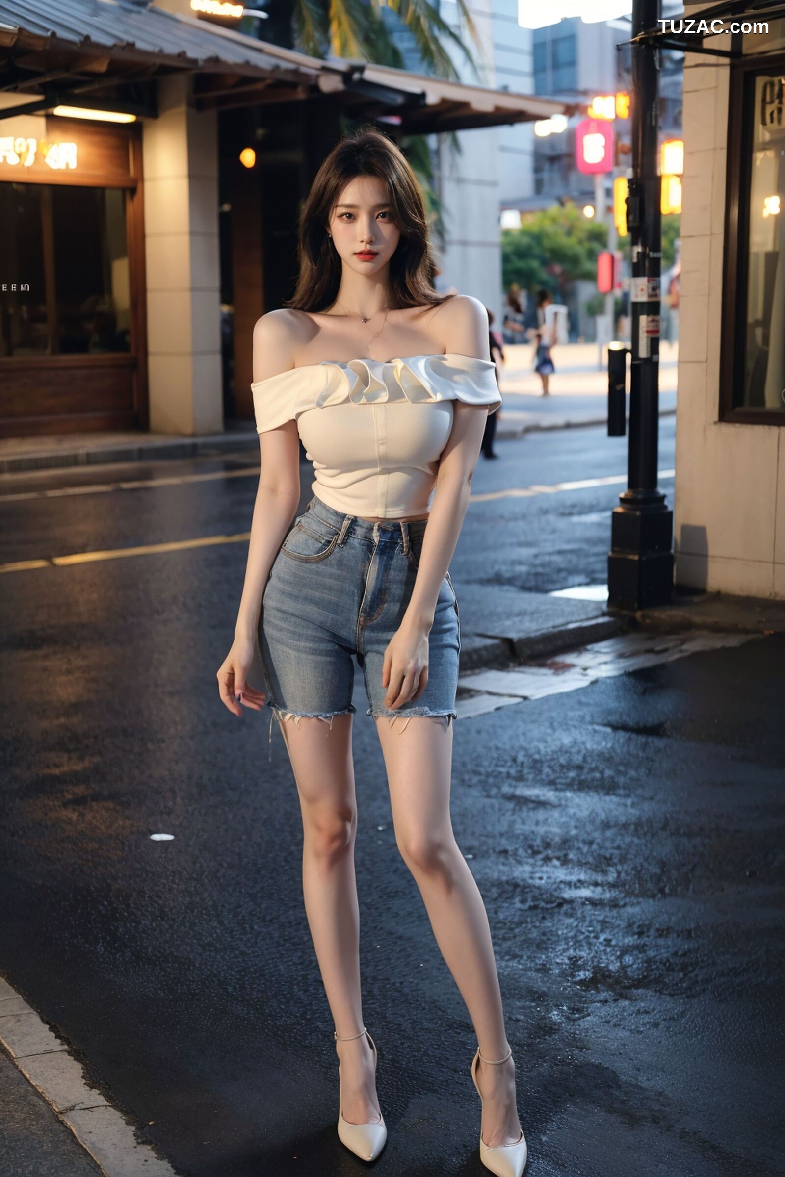 AI美女-超写实-海边城市街拍黑长发美女浅色短裙-18禁