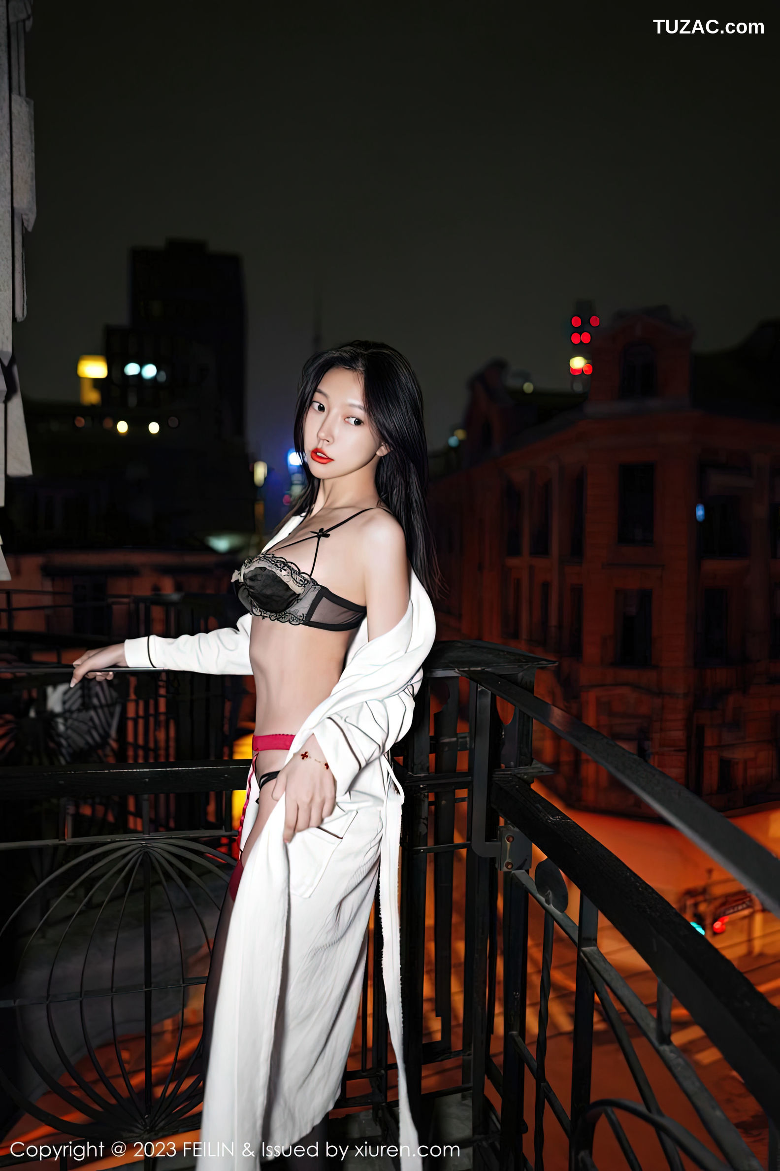 FeiLin嗲囡囡-464-冯木木-白色睡袍黑色内衣黑丝吊带袜-2023.02.16