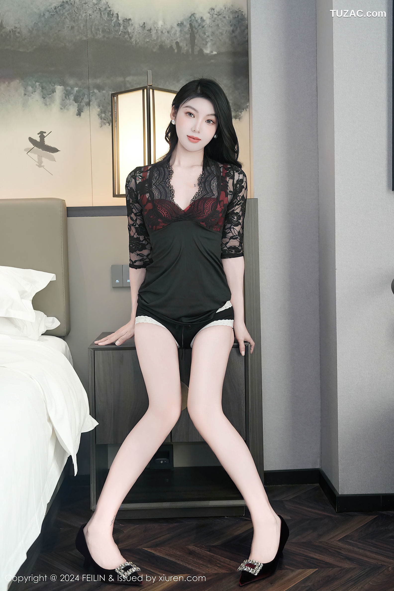 FeiLin嗲囡囡-488-希恬儿-黑蕾丝衫红内衣爆乳-2024.11.20