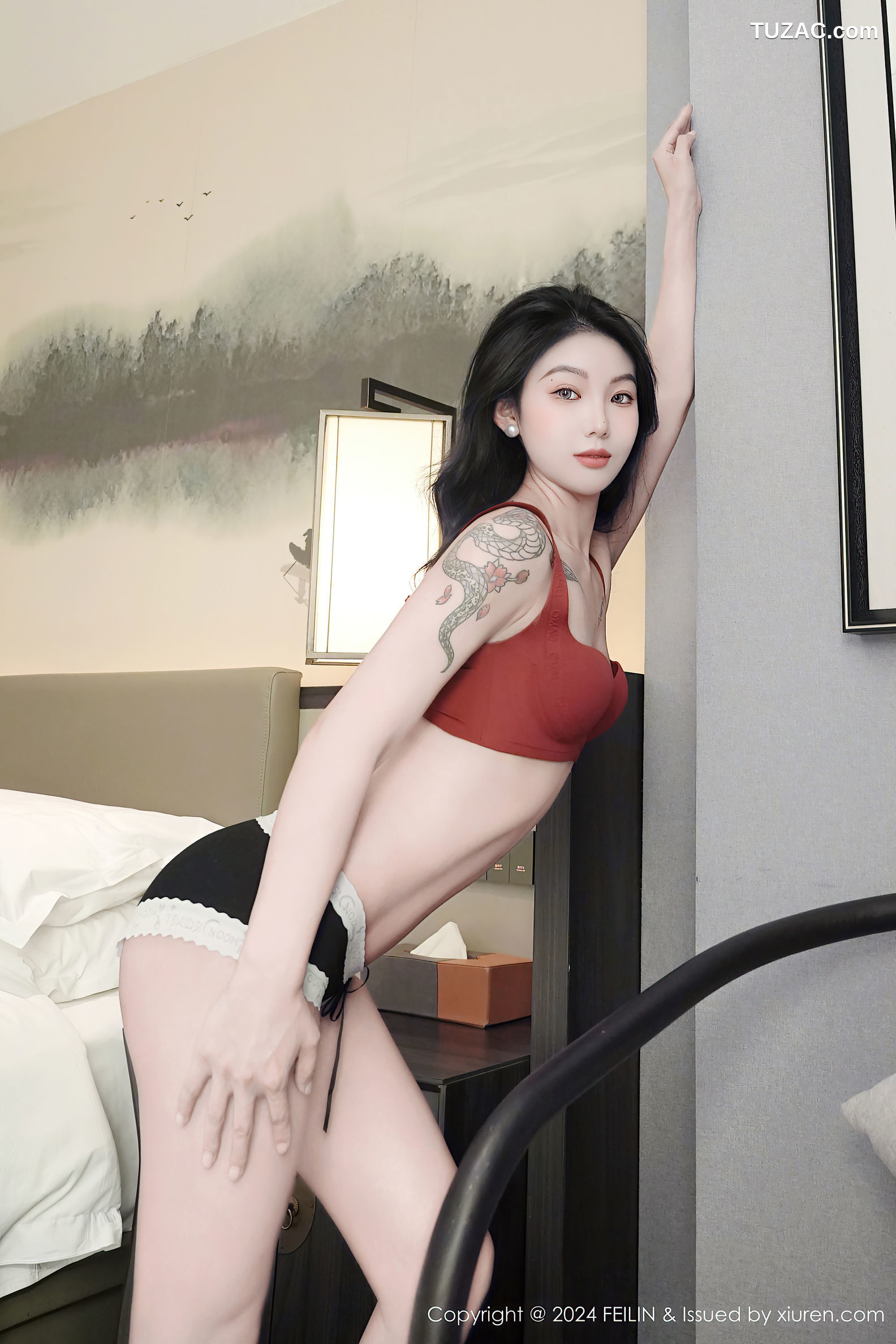 FeiLin嗲囡囡-488-希恬儿-黑蕾丝衫红内衣爆乳-2024.11.20