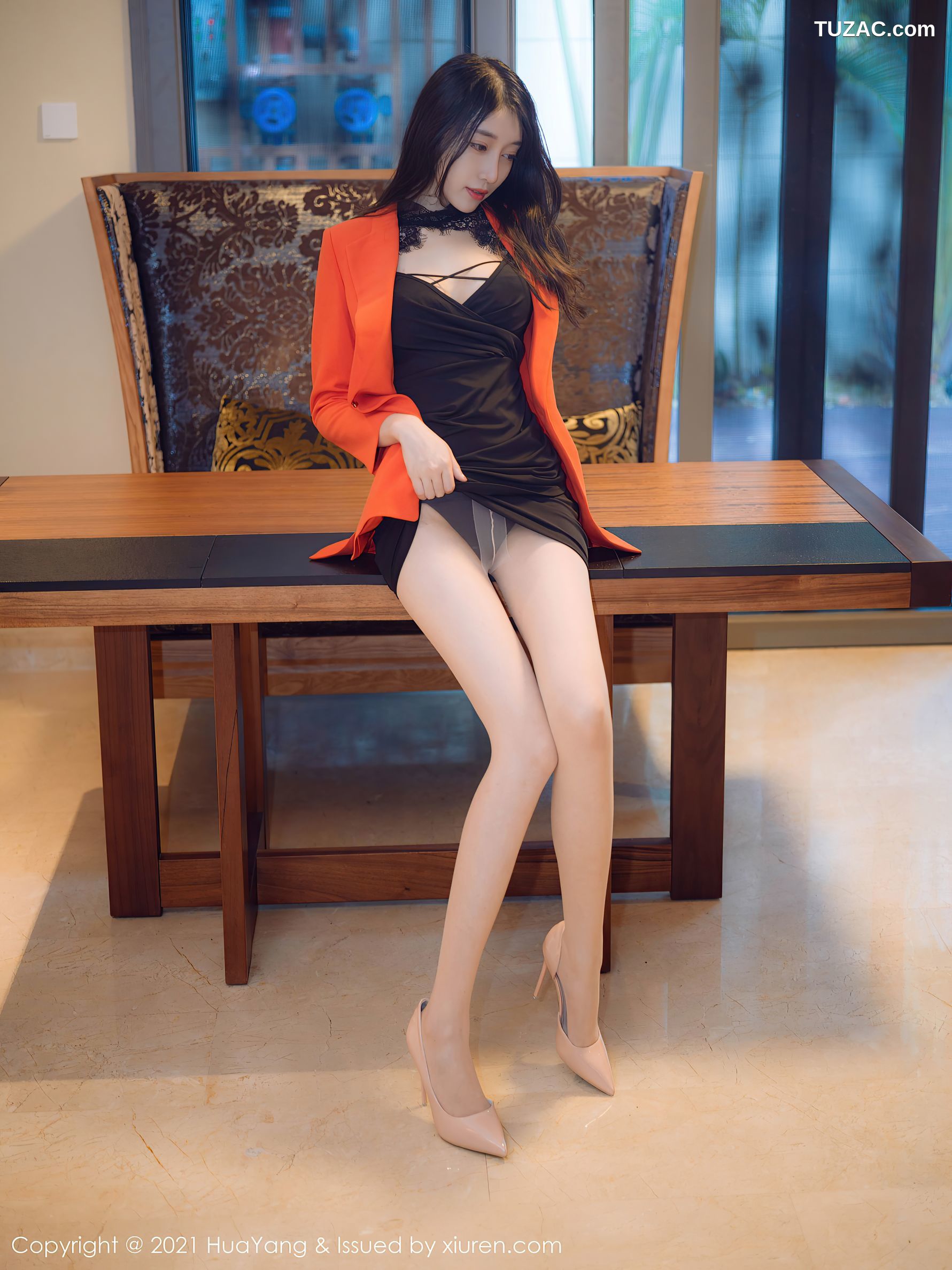 HuaYang花漾-406-玥儿玥-橘色外套黑蕾丝内衣