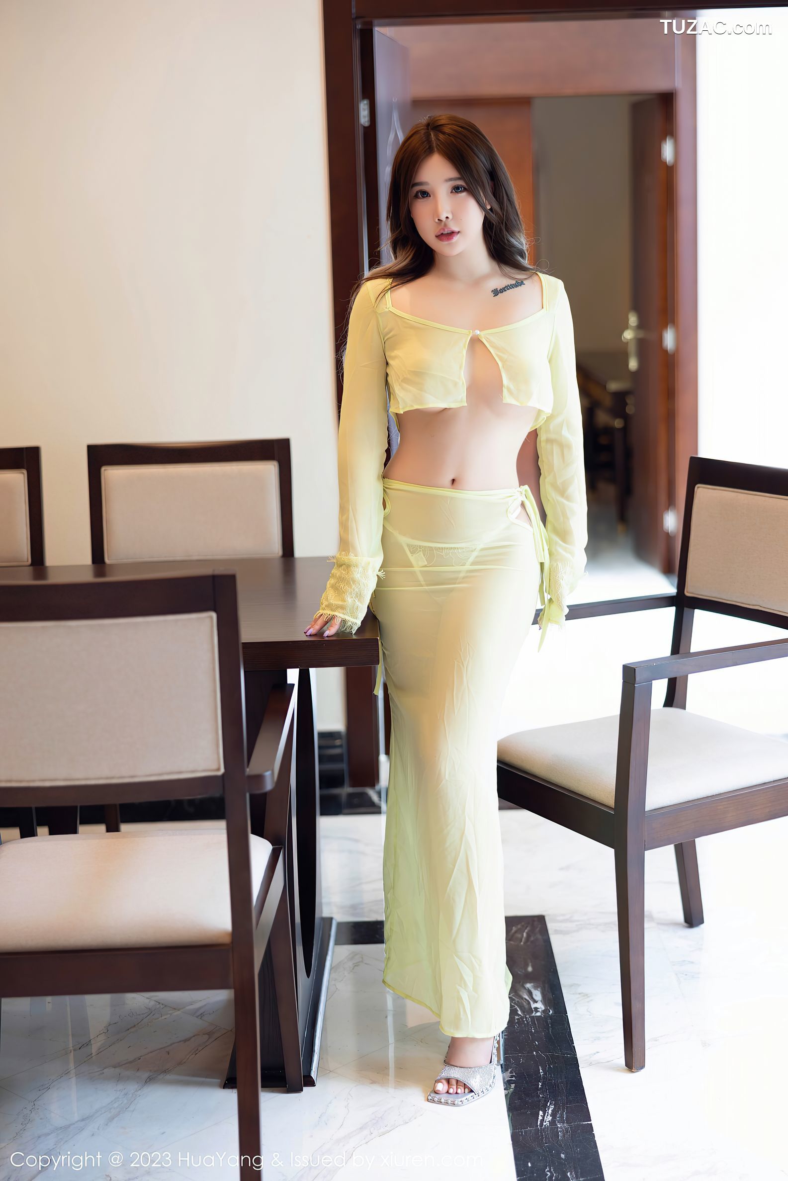 HuaYang花漾-540-小海臀Rena-浅黄薄纱轻透服饰丁字裤-2023.08.02