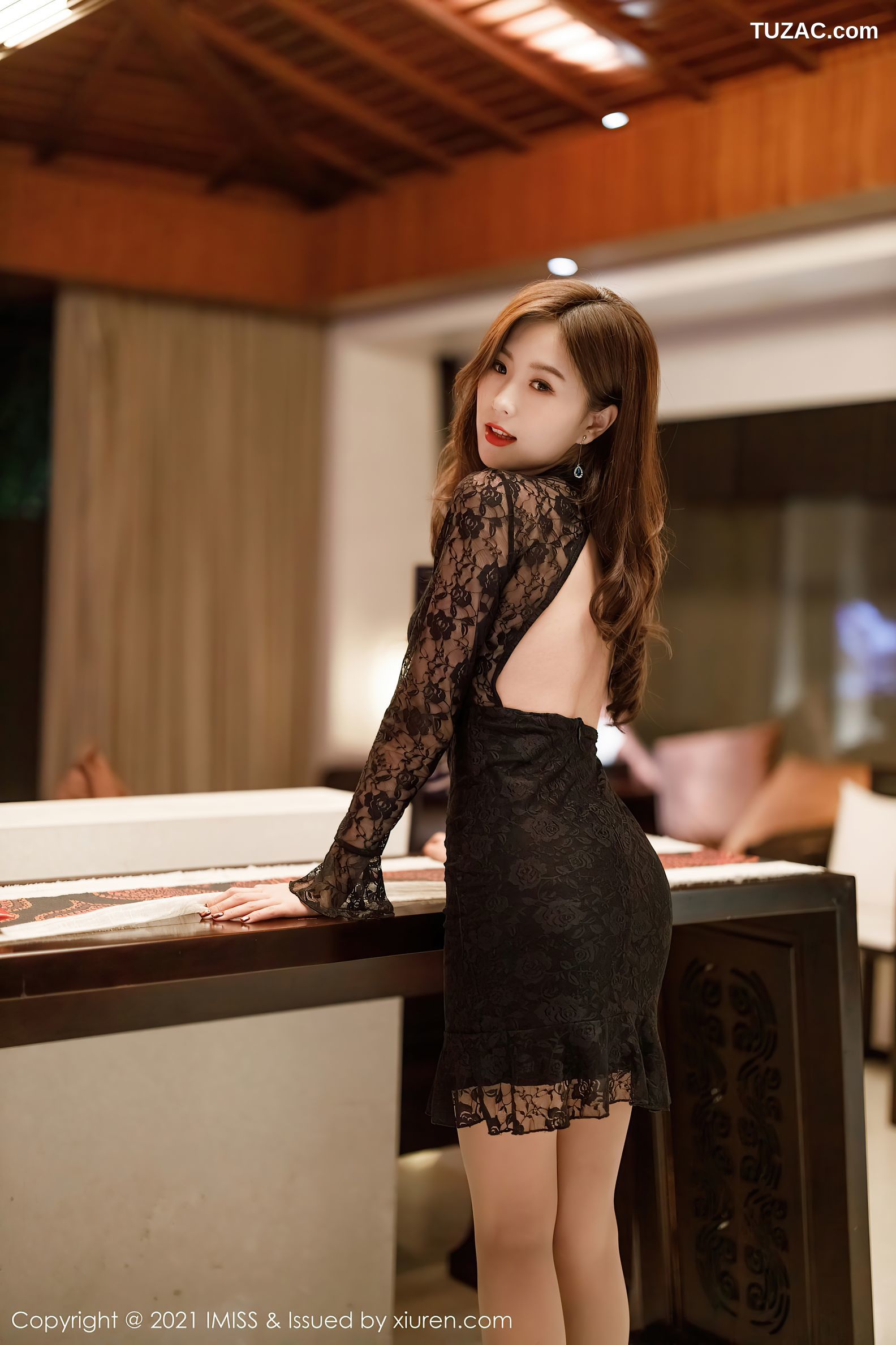 IMiss爱蜜社-546-杨紫嫣Cynthia-黑色镂空蕾丝连衣短裙肉丝-2021.01.22