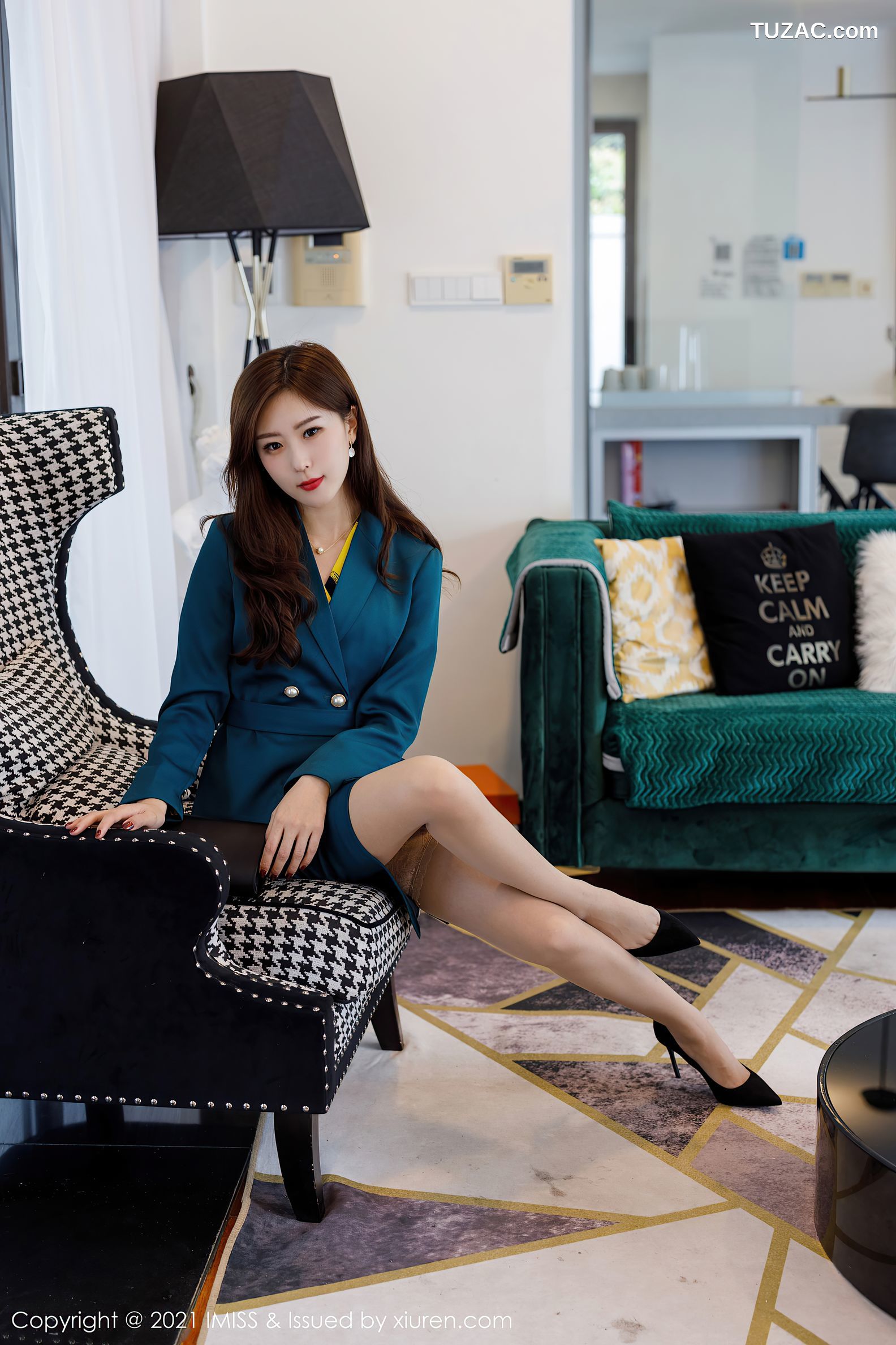 IMiss爱蜜社-551-杨紫嫣Cynthia-蓝绿职业0L套装蕾丝吊带袜-2021.02.08