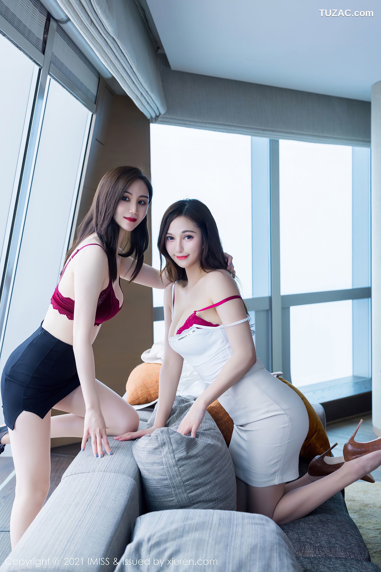 IMiss爱蜜社-570-Lavinia肉肉-模特合集姐妹花白衬衫职业装红色内衣-2021.03.31