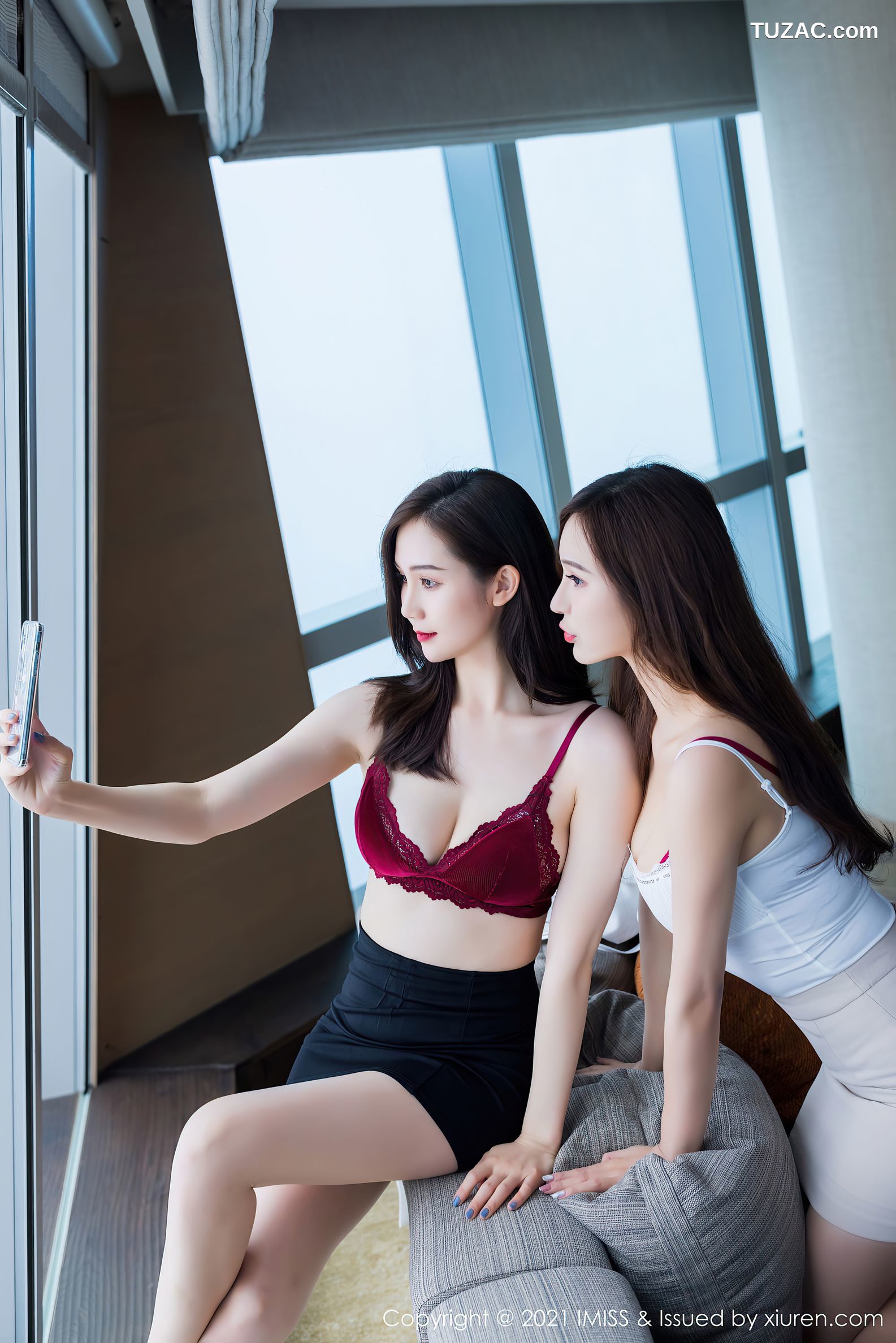 IMiss爱蜜社-570-Lavinia肉肉-模特合集姐妹花白衬衫职业装红色内衣-2021.03.31