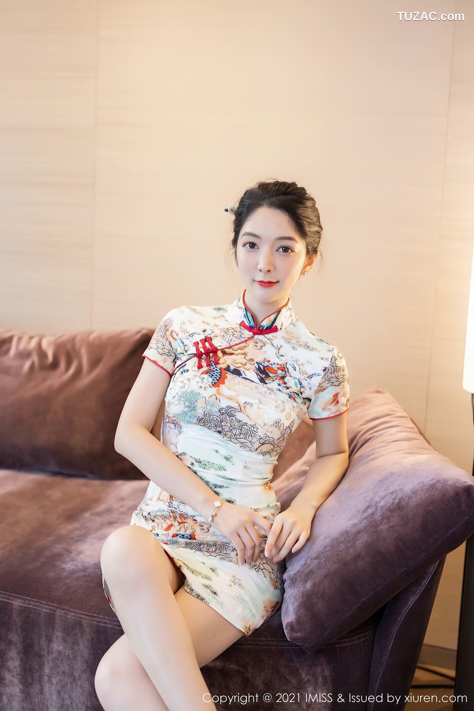 IMiss爱蜜社-593-小热巴-白色印花短旗袍白色内衣-2021.05.18