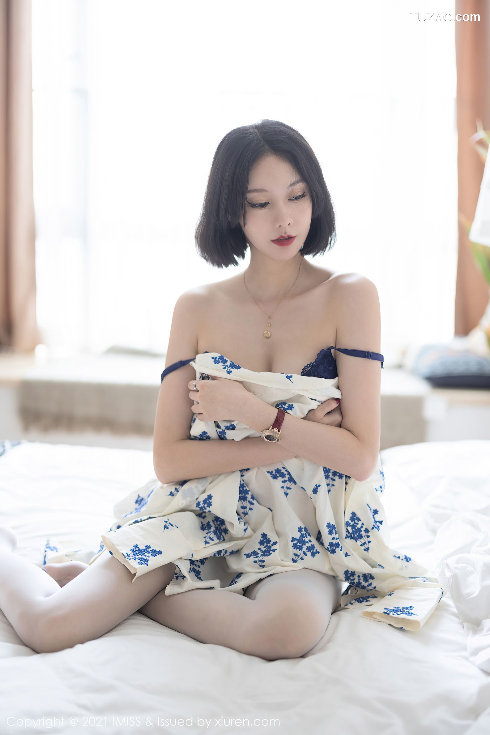 IMiss爱蜜社-602-艺轩-蓝印花白衬衫蓝紫色蕾丝内衣-2021.06.09