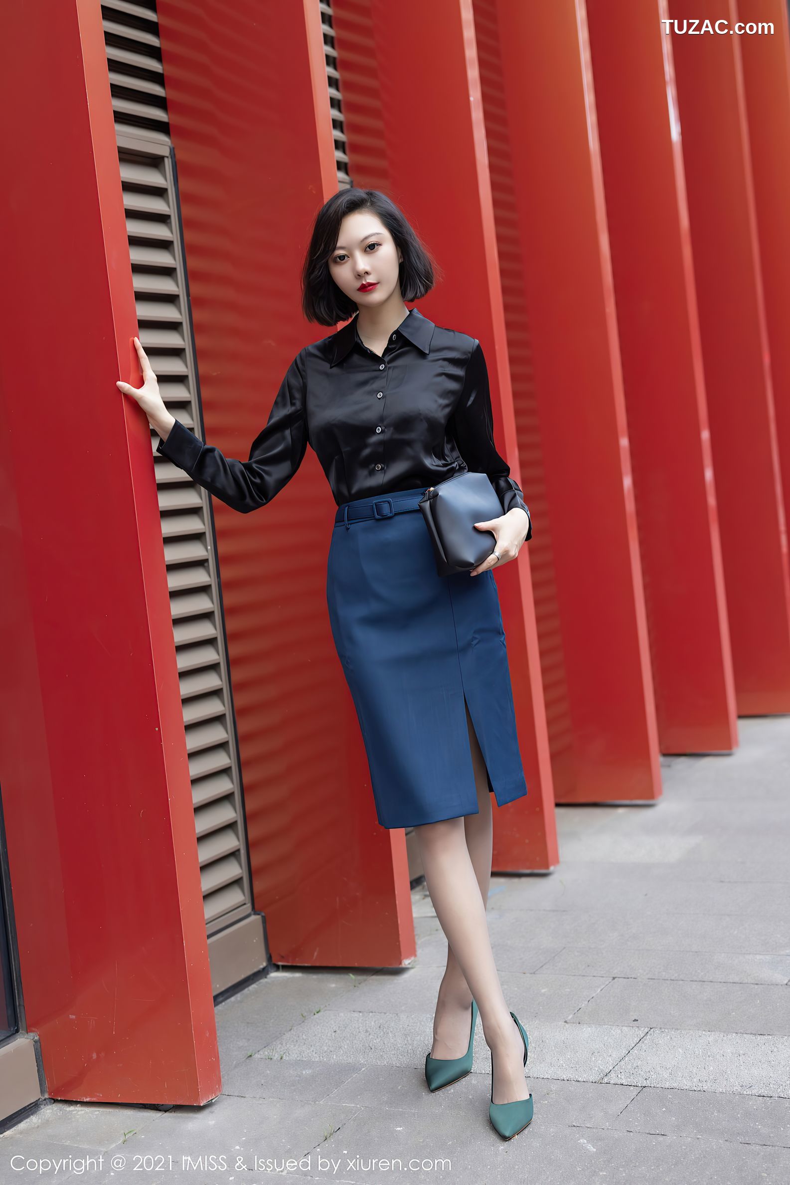 IMiss爱蜜社-615-艺轩-典雅OL服饰黑衫蓝裙黑色内衣-2021.07.20