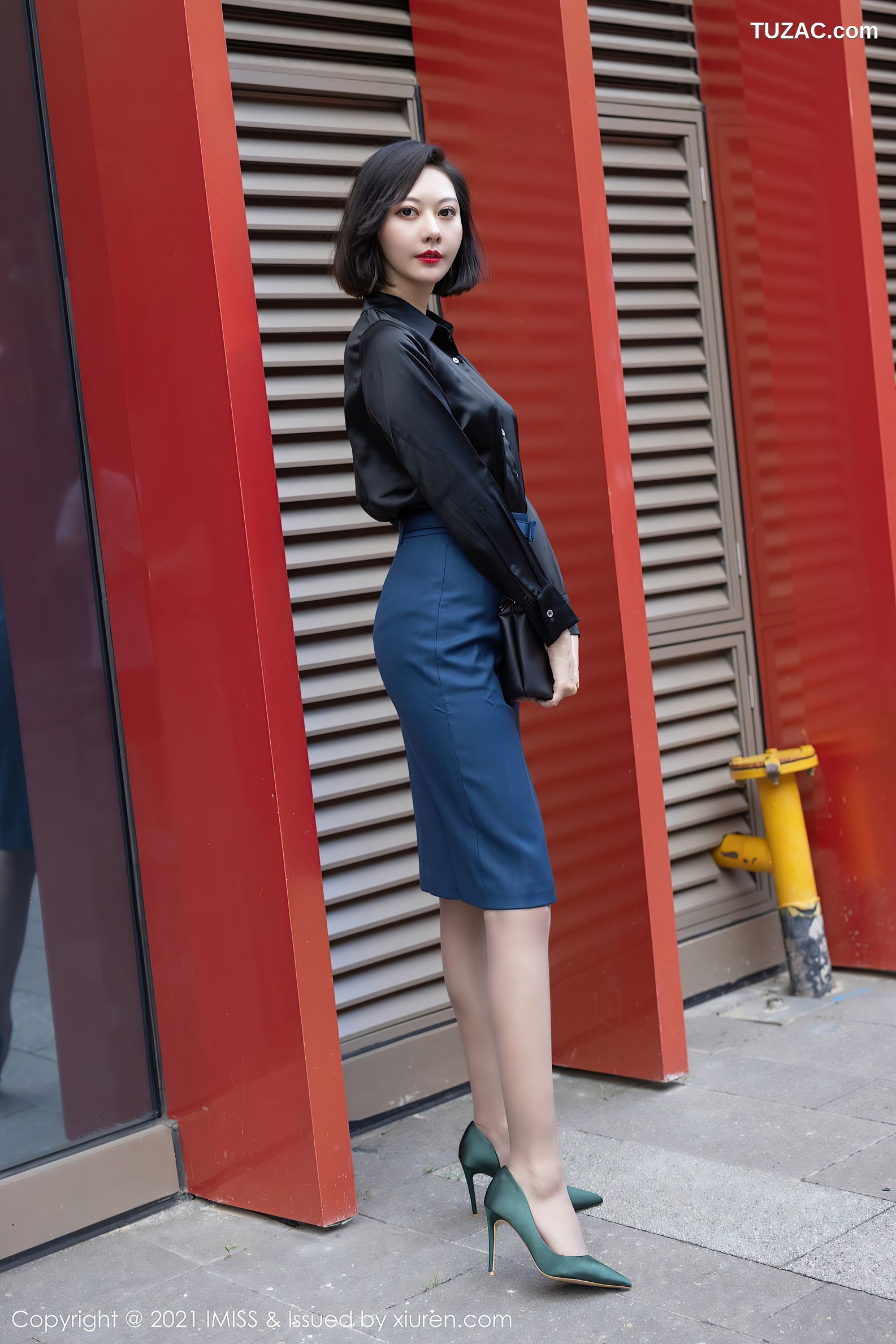IMiss爱蜜社-615-艺轩-典雅OL服饰黑衫蓝裙黑色内衣-2021.07.20