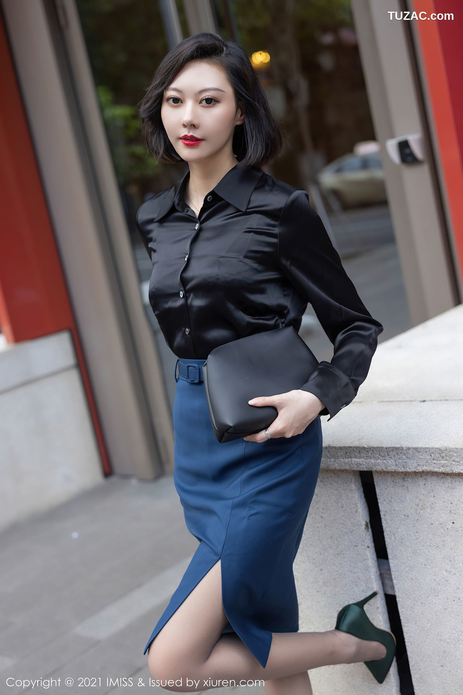 IMiss爱蜜社-615-艺轩-典雅OL服饰黑衫蓝裙黑色内衣-2021.07.20