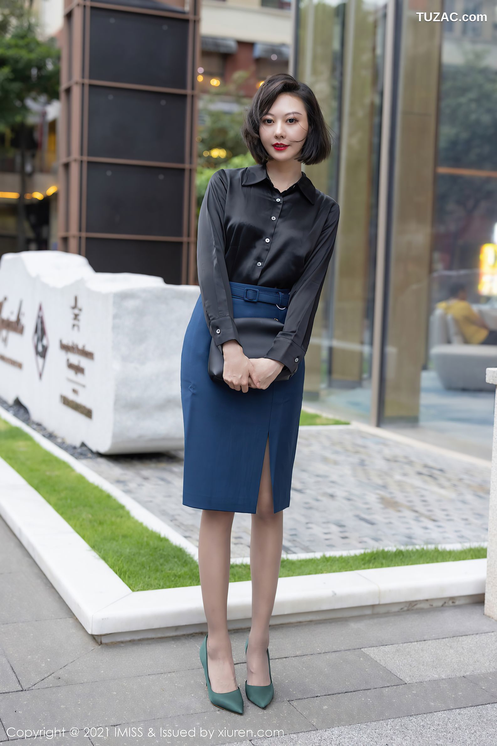 IMiss爱蜜社-615-艺轩-典雅OL服饰黑衫蓝裙黑色内衣-2021.07.20