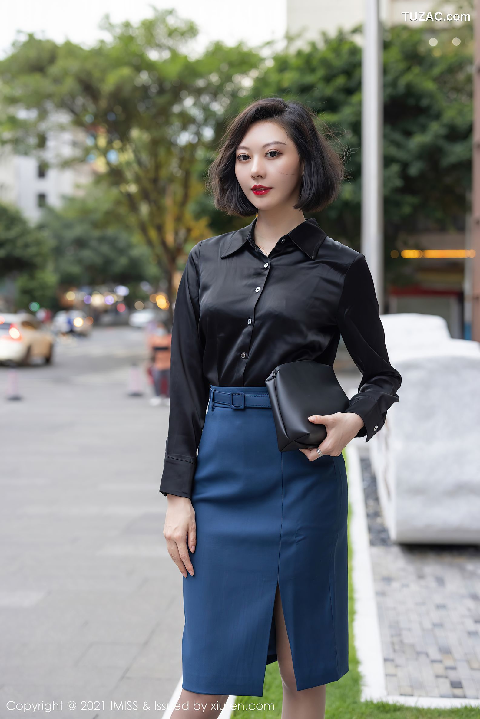 IMiss爱蜜社-615-艺轩-典雅OL服饰黑衫蓝裙黑色内衣-2021.07.20