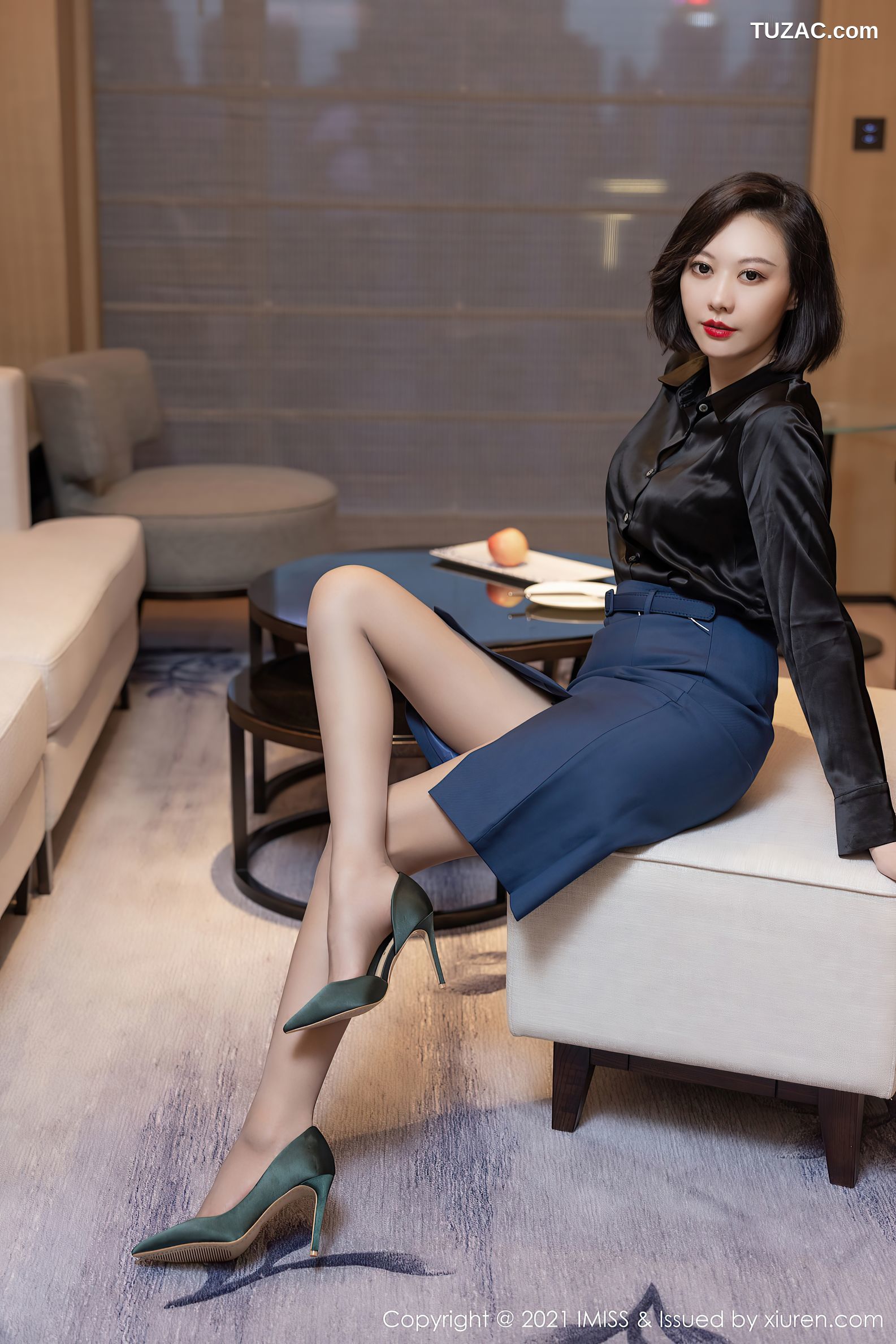 IMiss爱蜜社-615-艺轩-典雅OL服饰黑衫蓝裙黑色内衣-2021.07.20