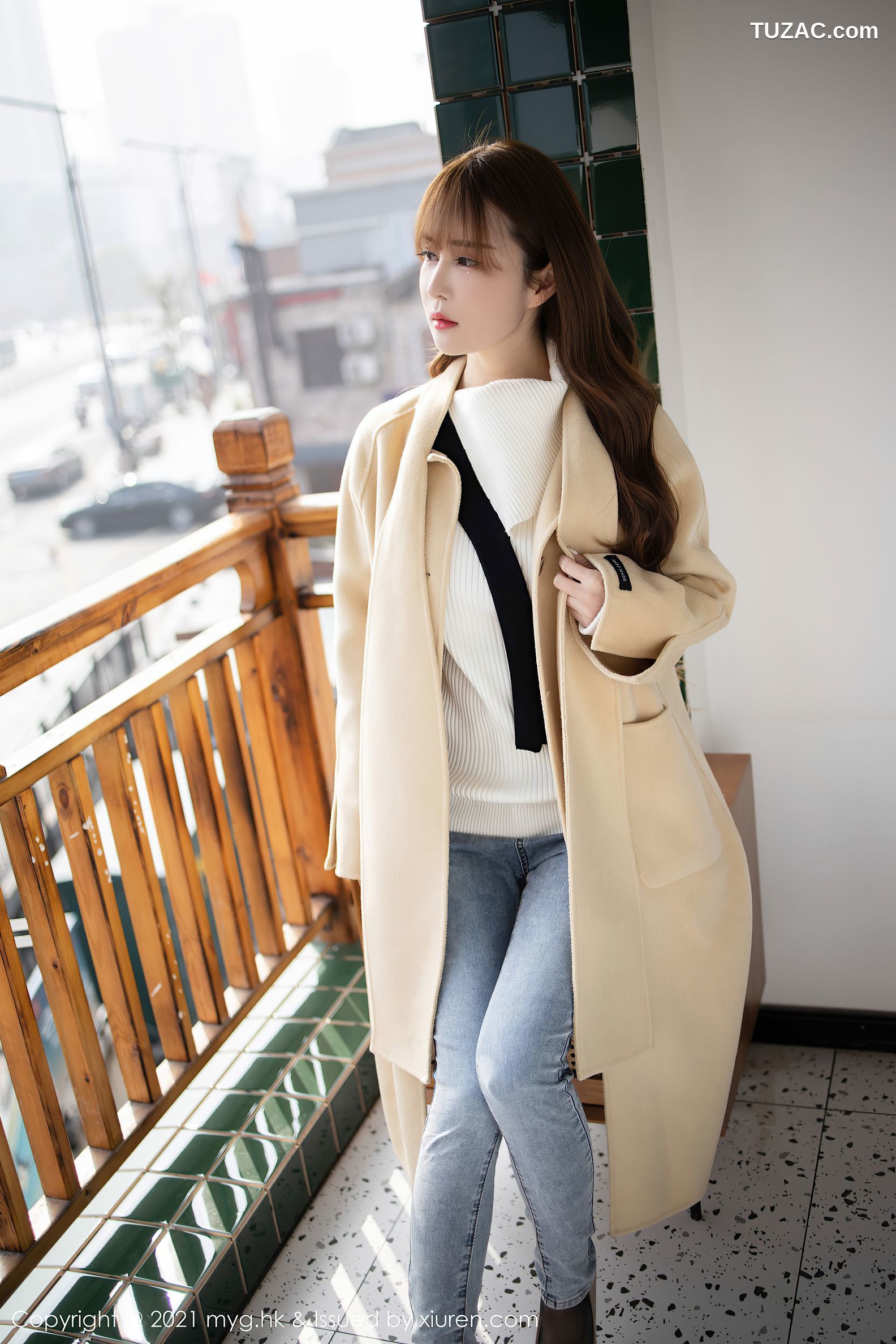 MyGirl美媛馆-487-小兜儿-米色大衣牛仔裤黑丝-2021.02.04