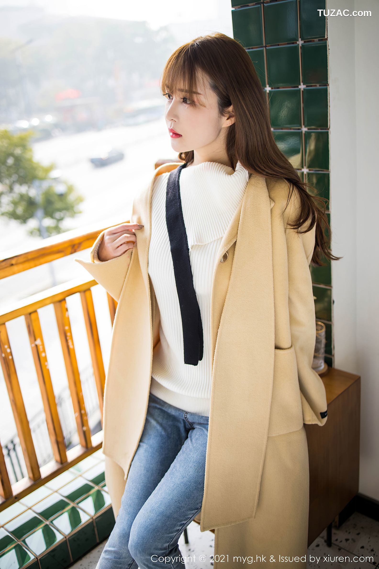 MyGirl美媛馆-487-小兜儿-米色大衣牛仔裤黑丝-2021.02.04