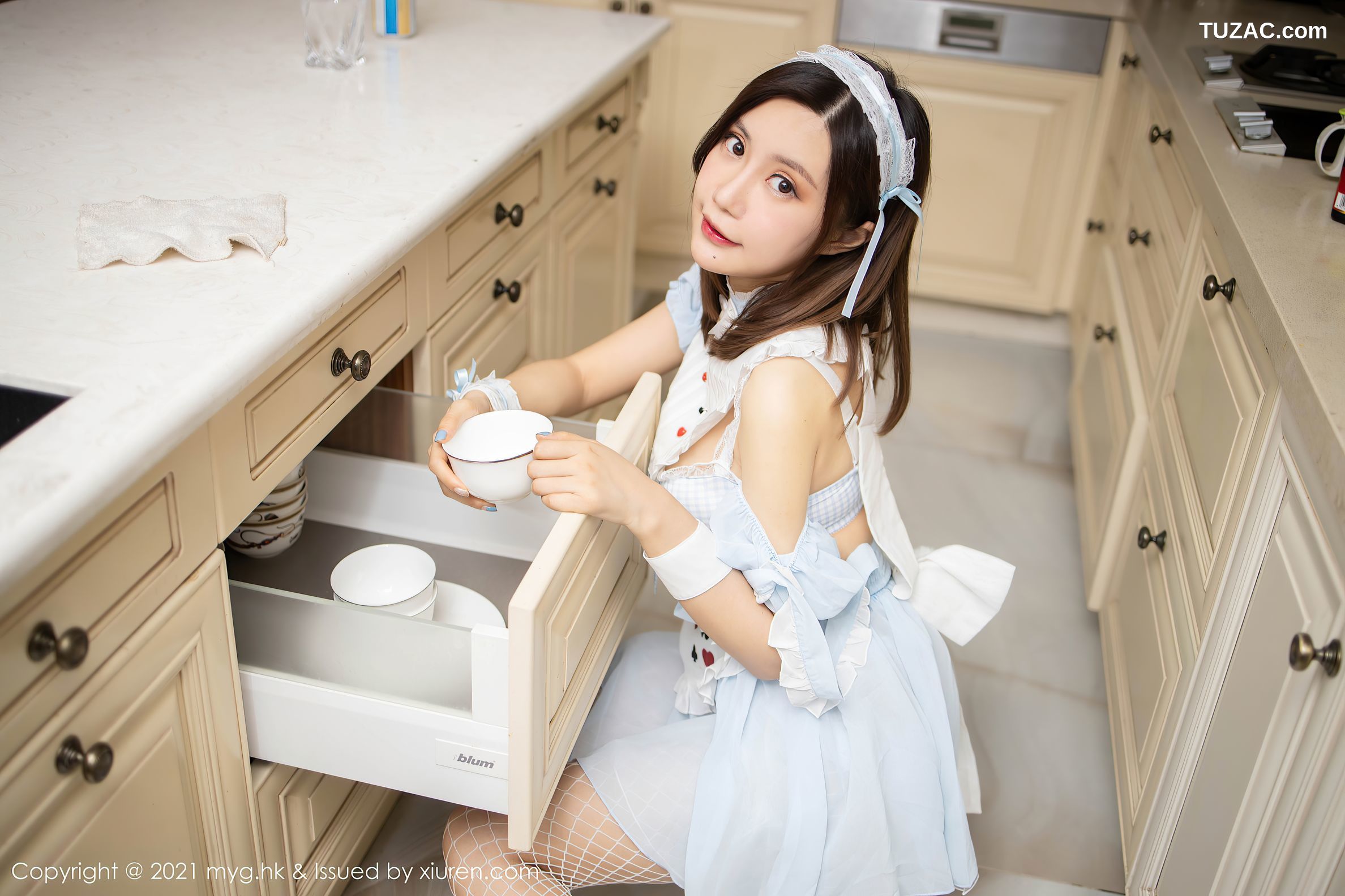 MyGirl美媛馆-504-绮里嘉-白色格子女仆装白丝网袜-2021.03.31