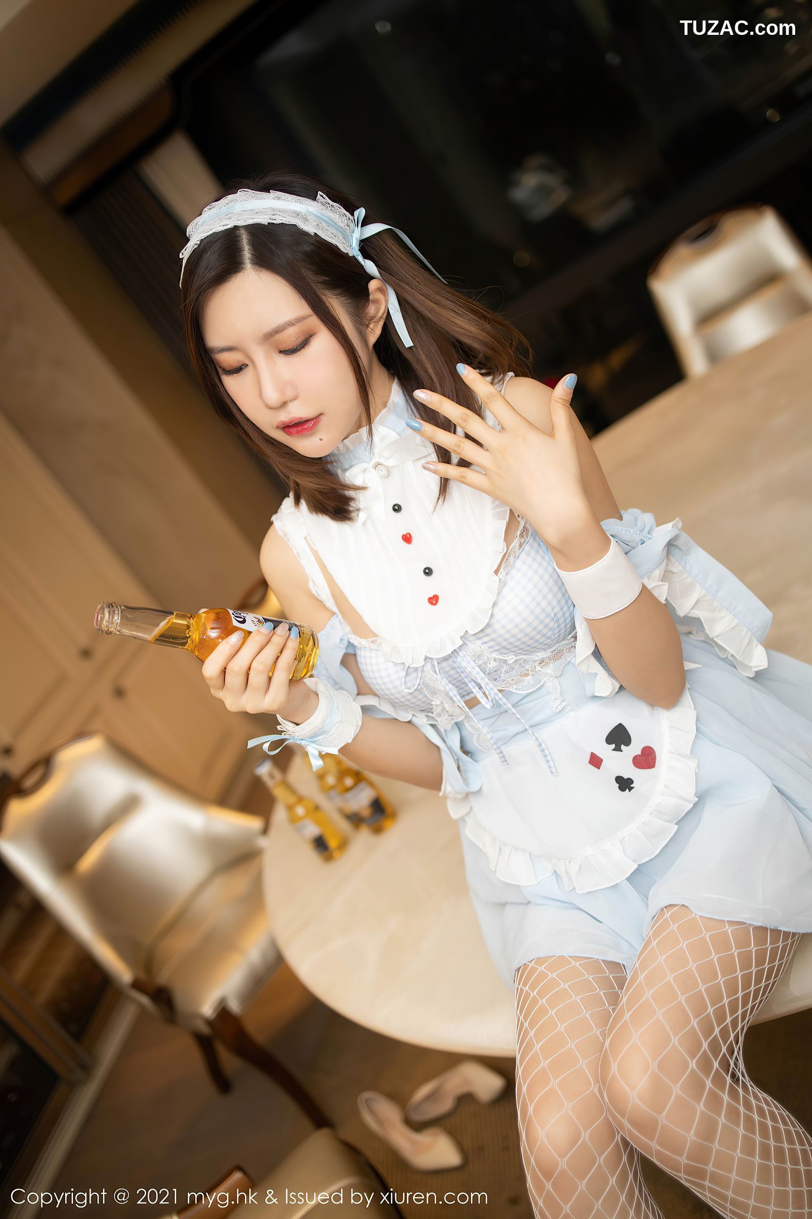 MyGirl美媛馆-504-绮里嘉-白色格子女仆装白丝网袜-2021.03.31