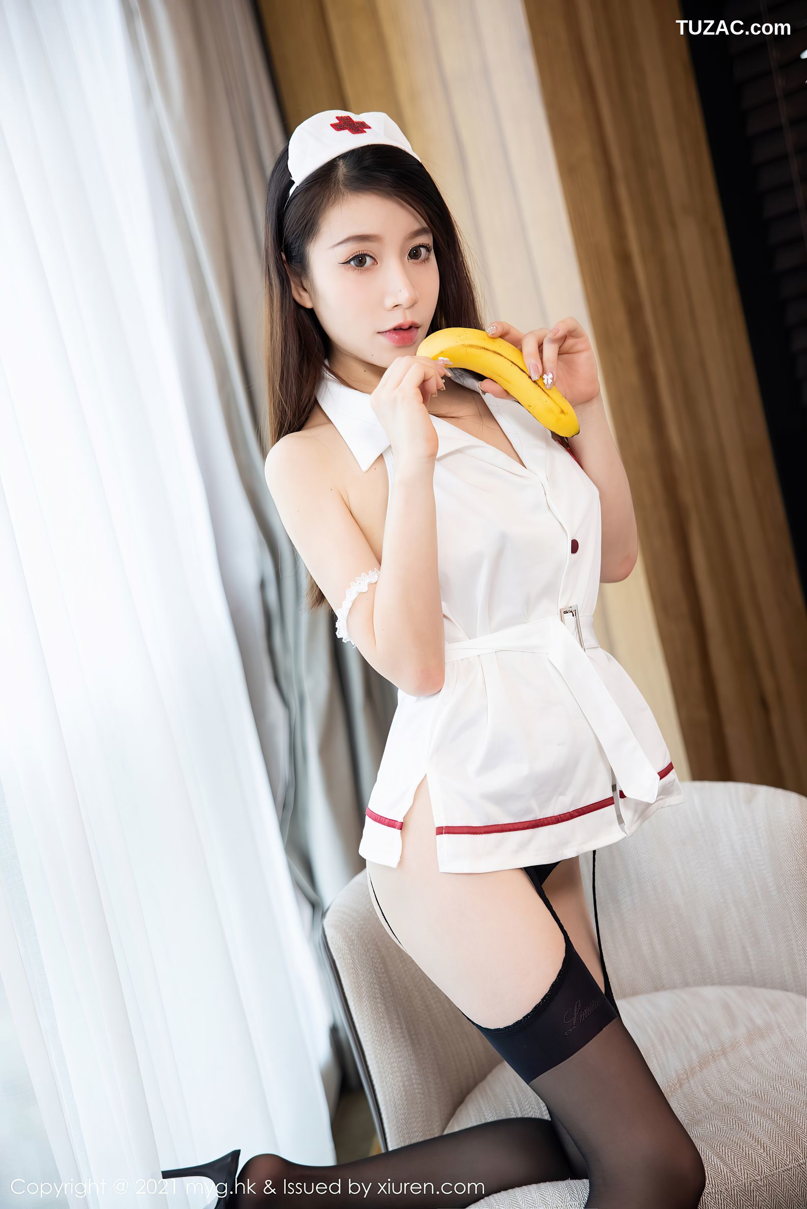 MyGirl美媛馆-595-Vetiver嘉宝贝儿-白色护士短裙制服黑丝吊带袜-2021.09.23