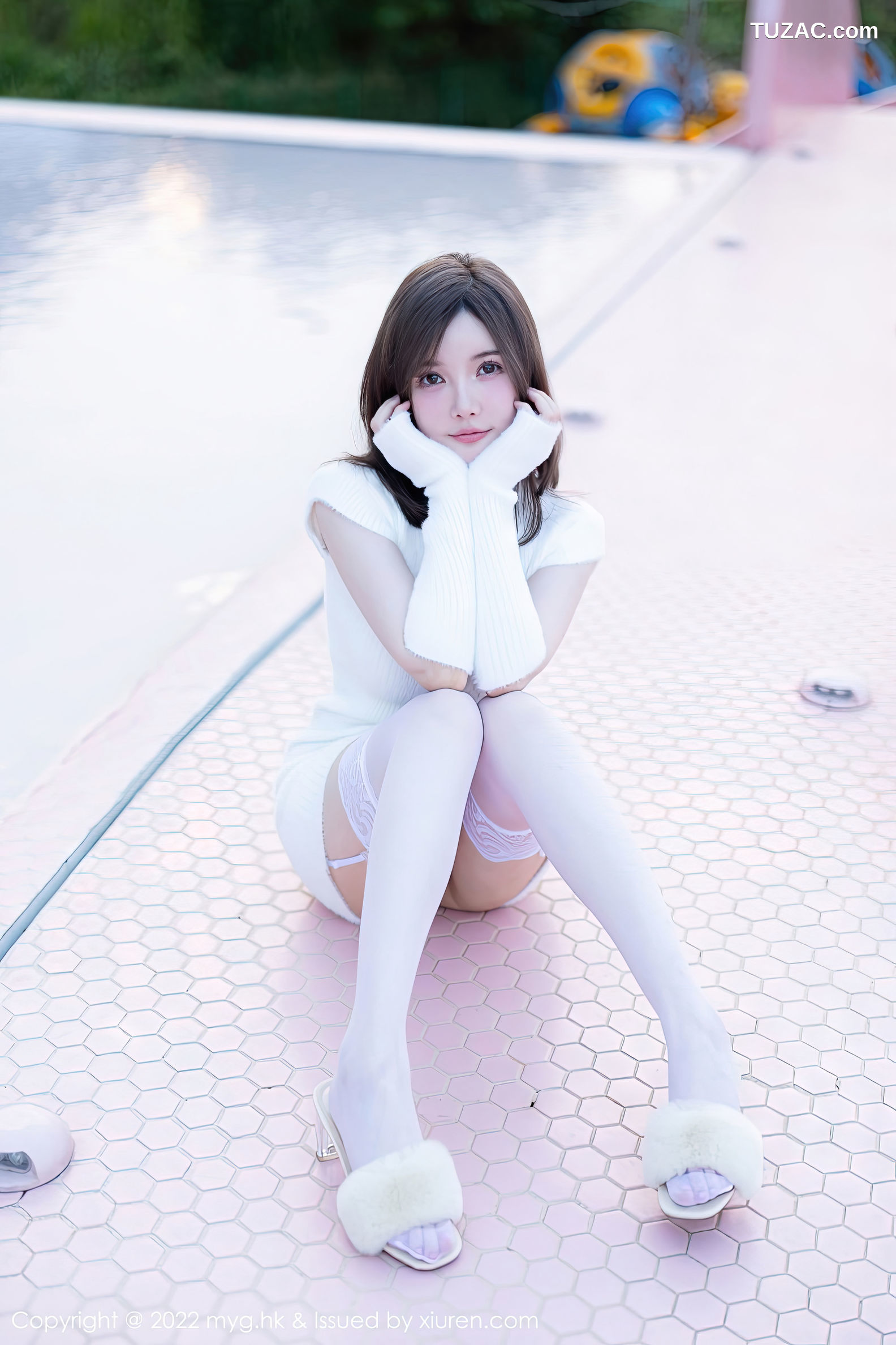 MyGirl美媛馆-644-糯美子-白针织短连衣裙白内白吊带袜