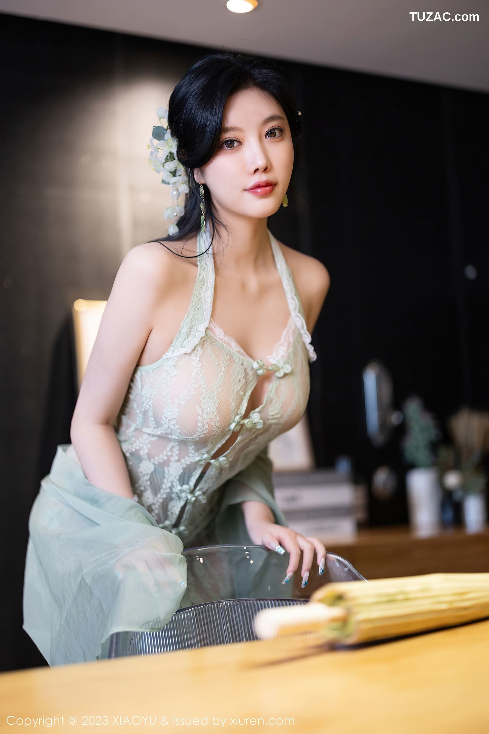 XiaoYu语画界-1143-杨晨晨Yome-浅绿吊带连衣短裙浅绿蕾丝轻透情趣内衣-2023.11.10