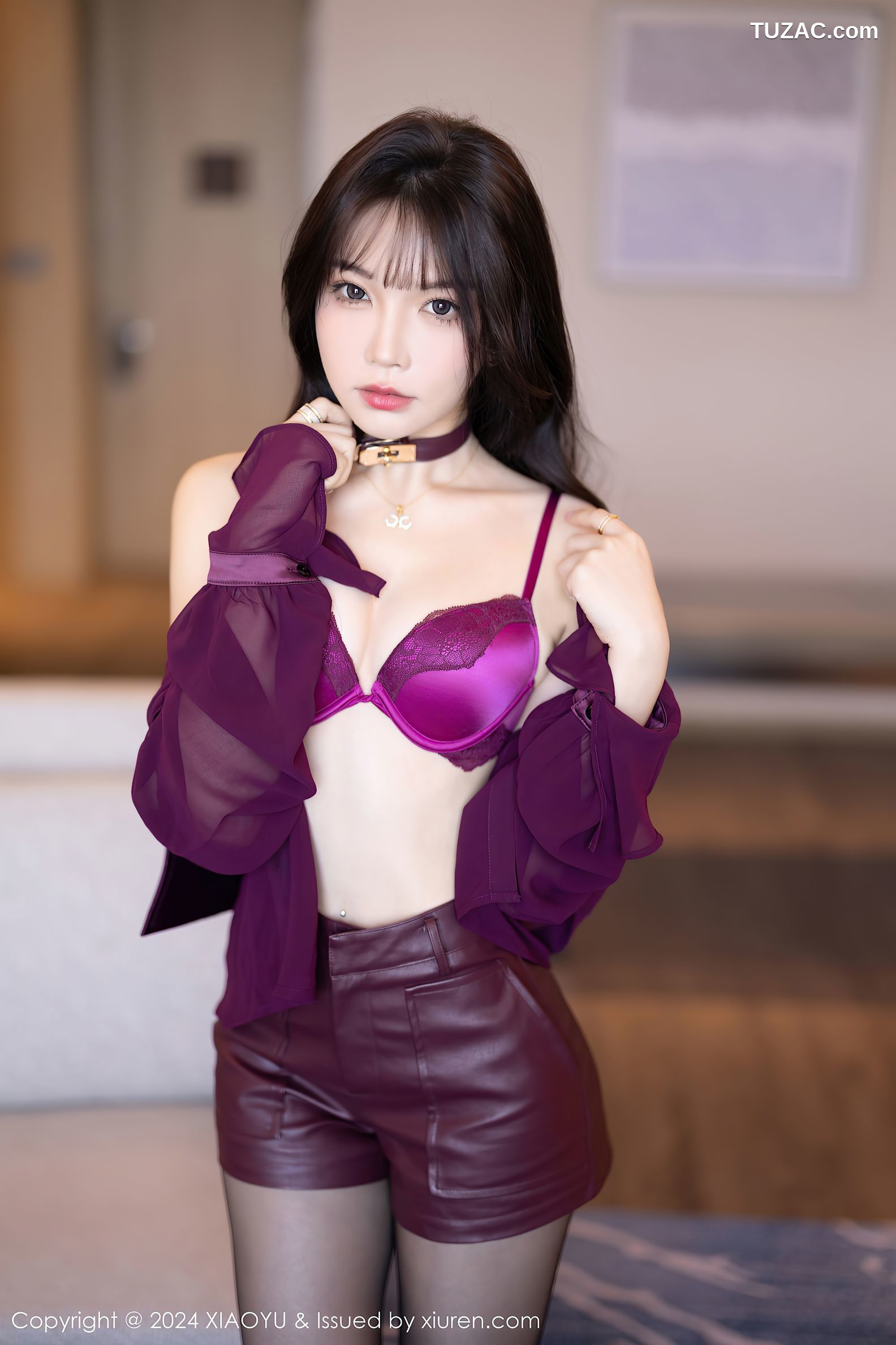 XiaoYu语画界-1190-徐莉芝Booty-暗红衬衫短裤紫色内衣黑纱透视情趣内衣黑丝-2024.01.23