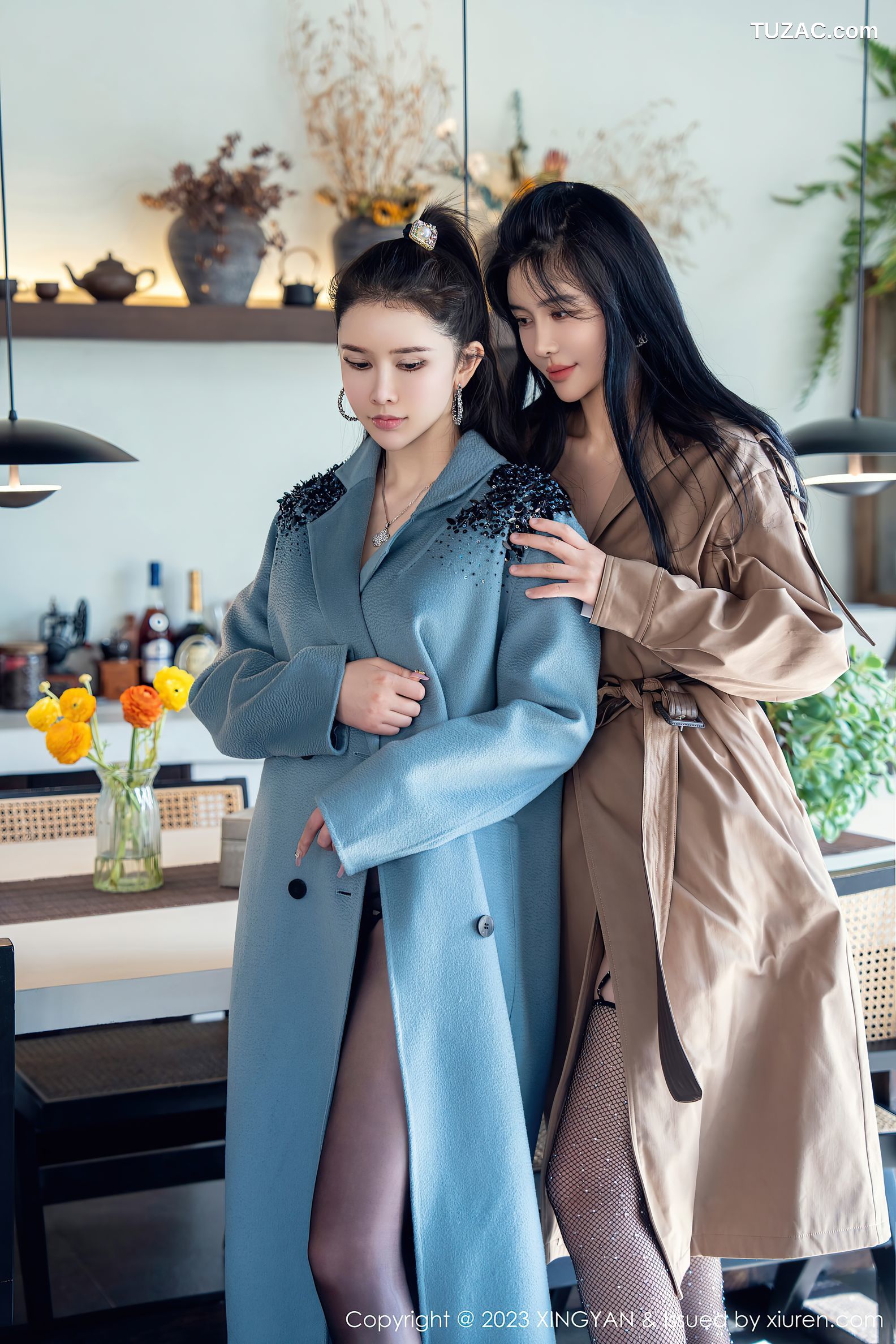 XingYan星颜社-192-刘钰儿-李丽莎-双姝风衣下黑丝透视内衣-2023.04.21