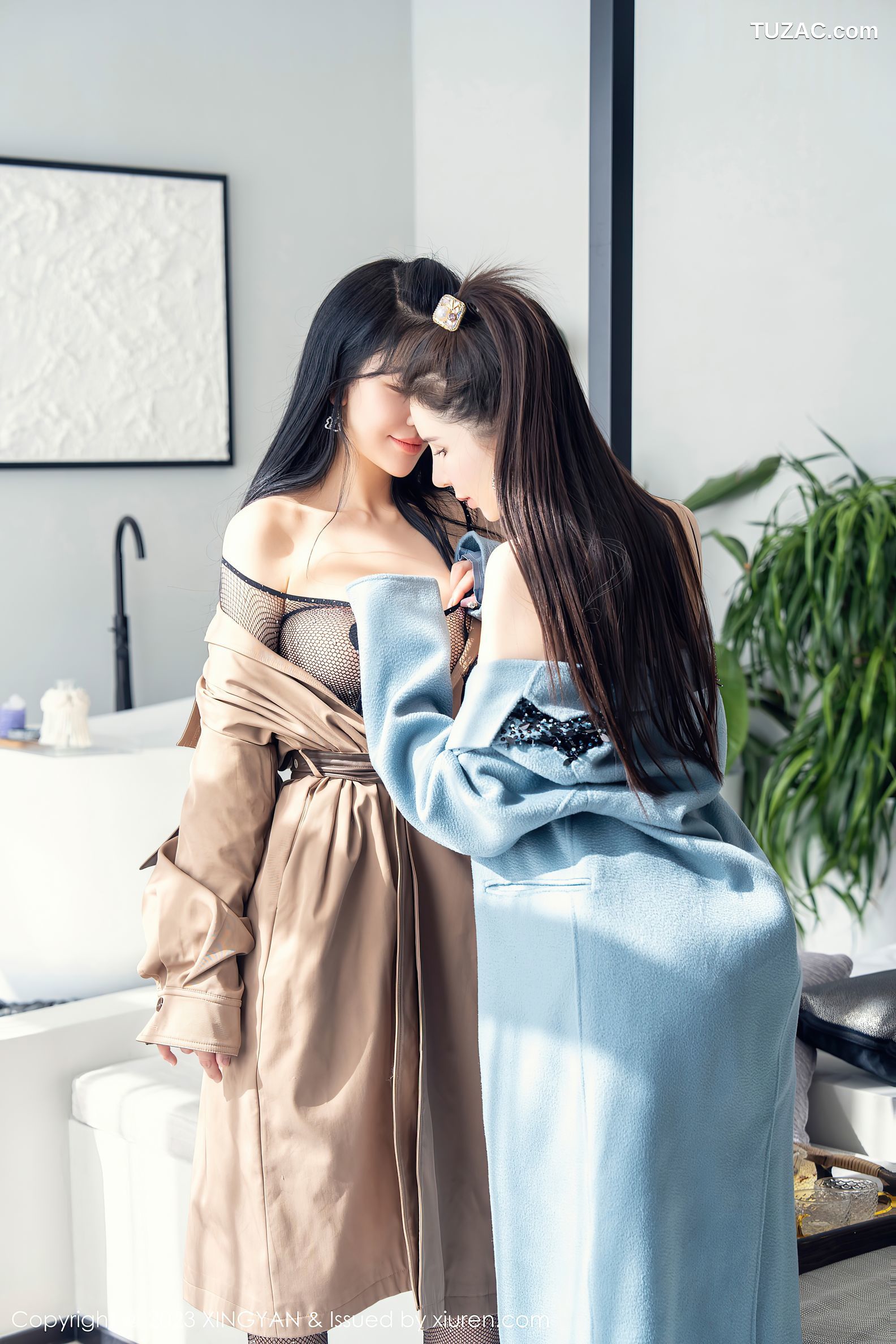 XingYan星颜社-192-刘钰儿-李丽莎-双姝风衣下黑丝透视内衣-2023.04.21