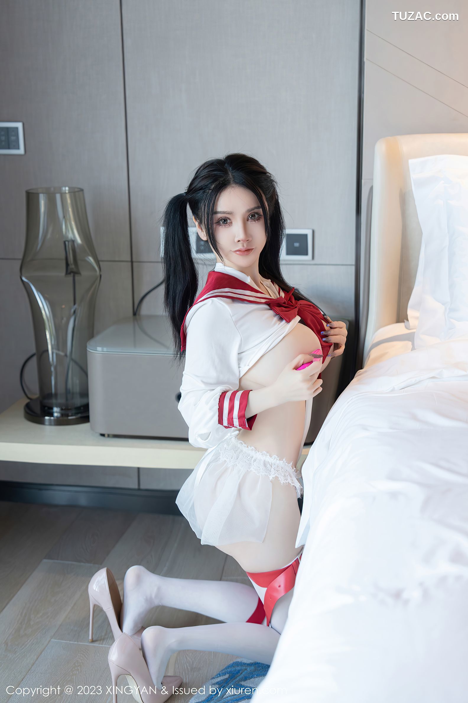 XingYan星颜社-195-潘娇娇-双马尾白色红带内衣学生装-2023.05.19